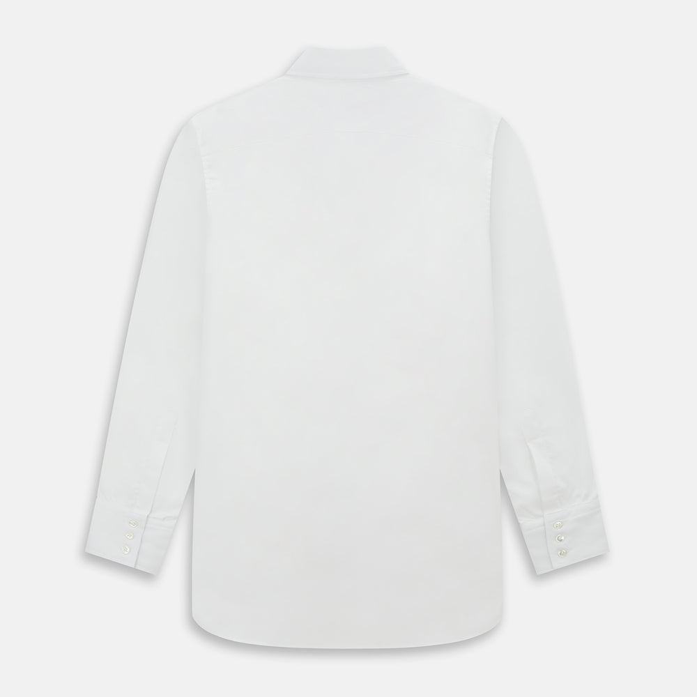 The Turnbull & Asser White Royal Oxford Cotton Windsor Shirt features a Turnbull open collar, long sleeves, 3-button cuffs, and a straight hem, shown against a plain white background.