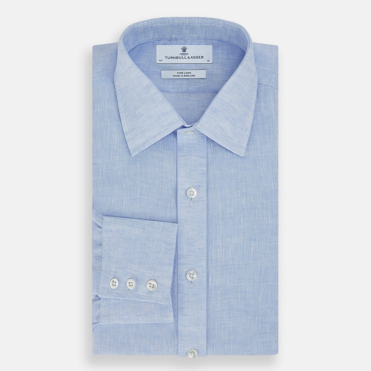 View 5 of product The Turnbull & Asser PALE BLUE LINEN MAYFAIR SHIRT features long sleeves, a classic collar, and lightweight linen fabric in a refined Mayfair fit, shown on a white background.