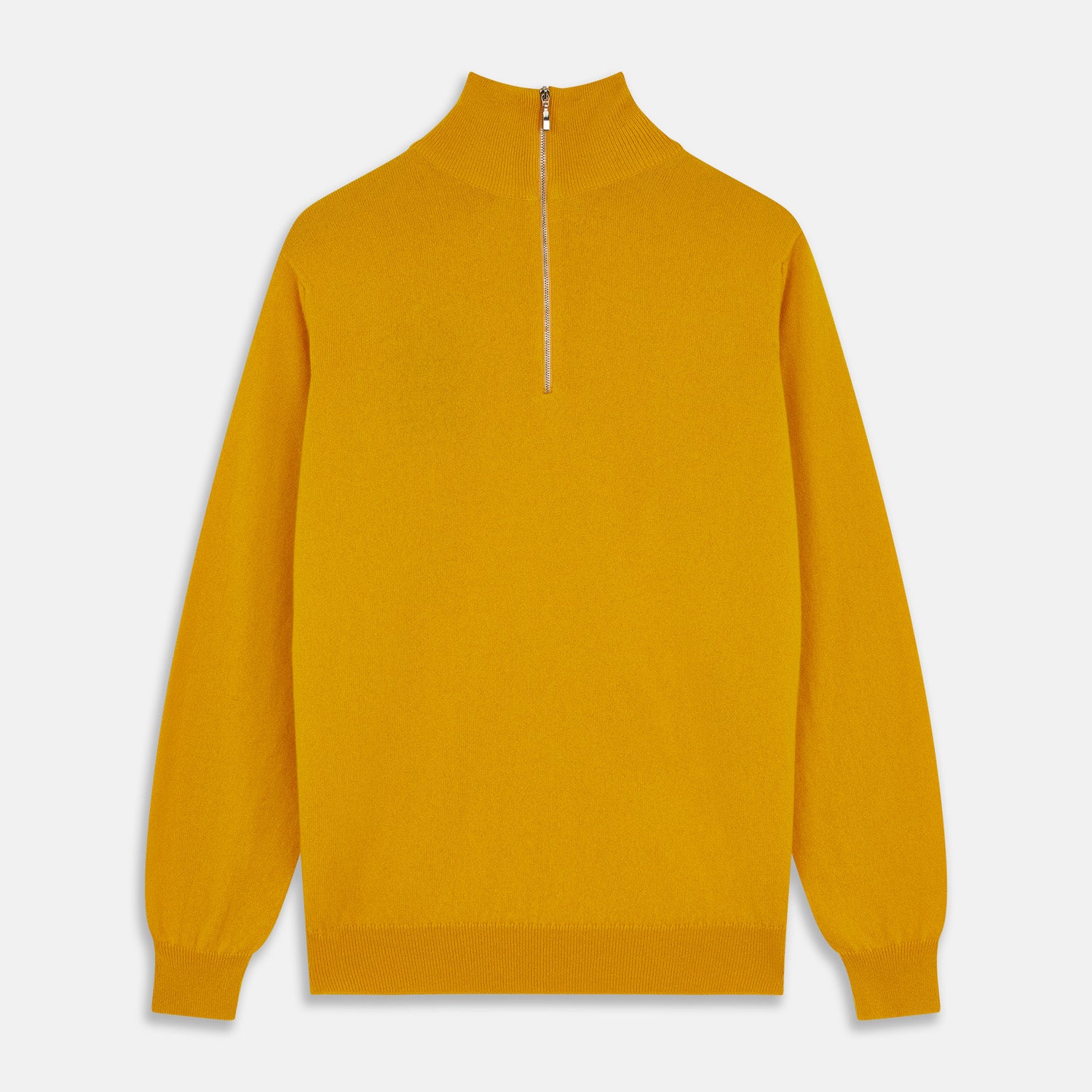 View 1 of product Close-up of the Gold Lennox Cashmere Half-Zip Jumper by Turnbull & Asser, featuring a mustard yellow knit, high ribbed collar, and silver center zipper—expertly crafted in Scotland.