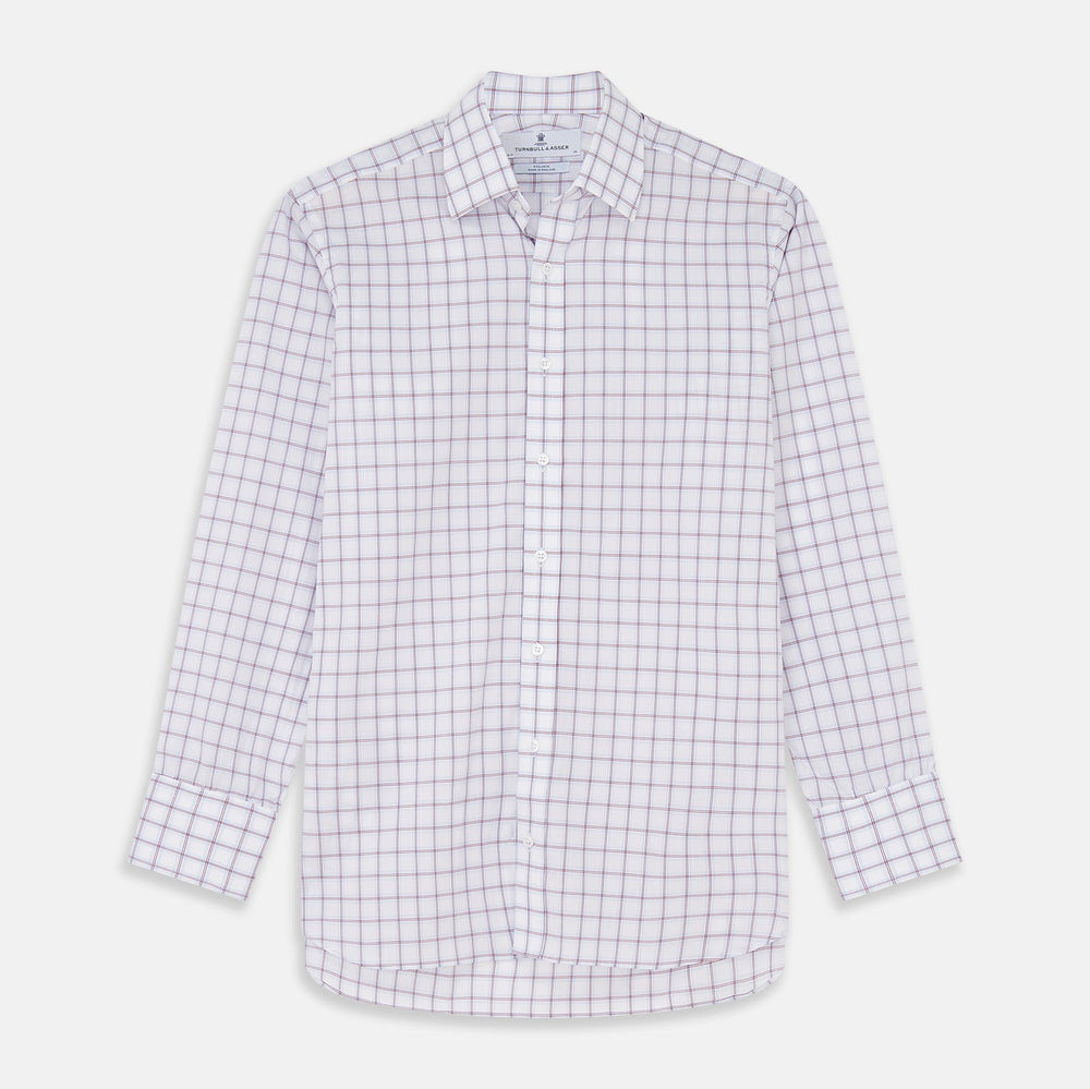 Close-up of Turnbull & Asser Red and Blue Multi Check Cotton Fabric, featuring a wavy texture and plaid pattern, displayed within a circular border.