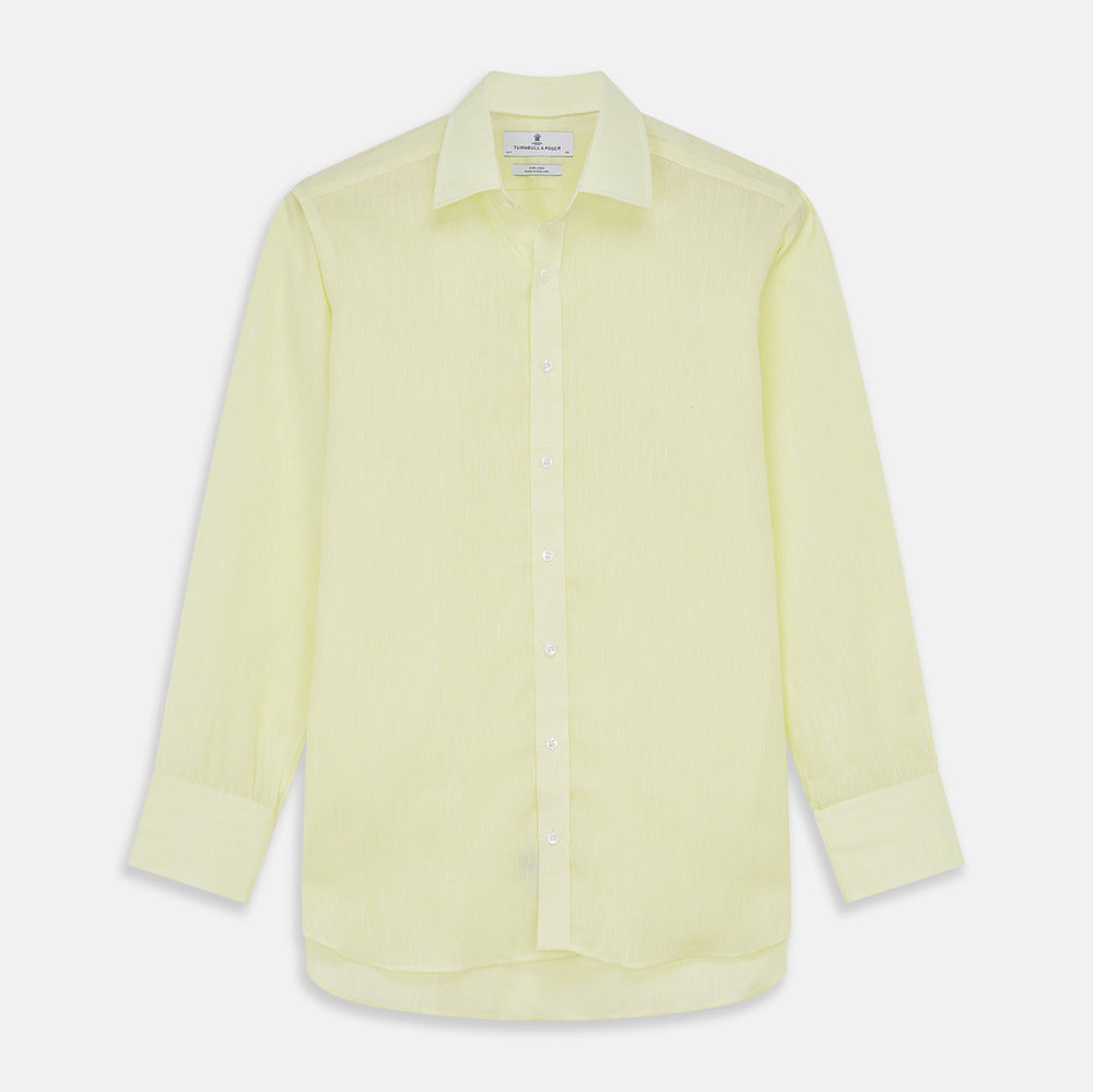 The Turnbull & Asser Yellow Linen Regular Fit Mayfair Shirt is a long-sleeve button-up with a collar and buttoned cuffs, shown laid flat on a white background.
