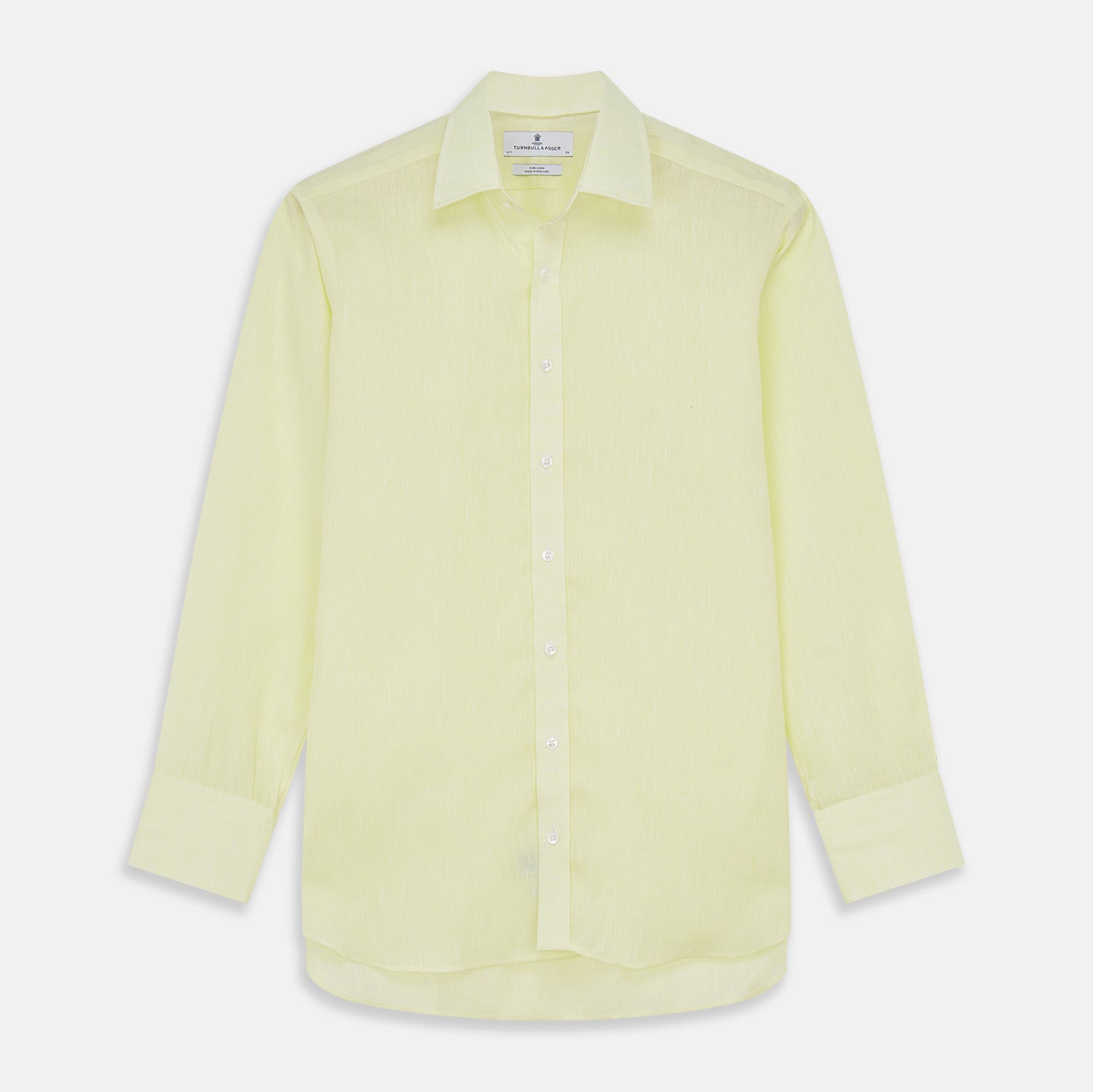 View 1 of product The Turnbull & Asser Yellow Linen Regular Fit Mayfair Shirt is a long-sleeve button-up with a collar and buttoned cuffs, shown laid flat on a white background.
