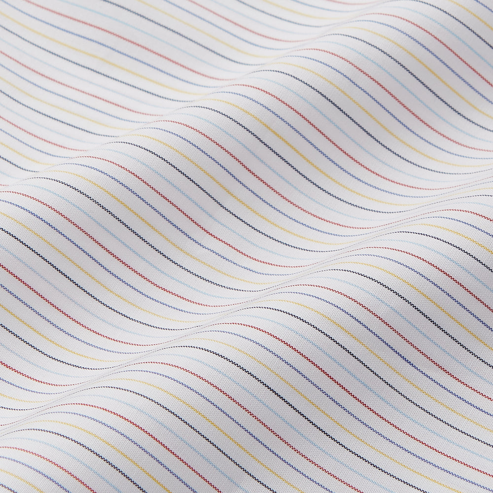 The Turnbull & Asser Red Multi Stripe Tailored Fit Shelton Shirt features subtle vertical stripes, a classic Kent collar, and buttoned cuffs, shown laid flat on a white background.
