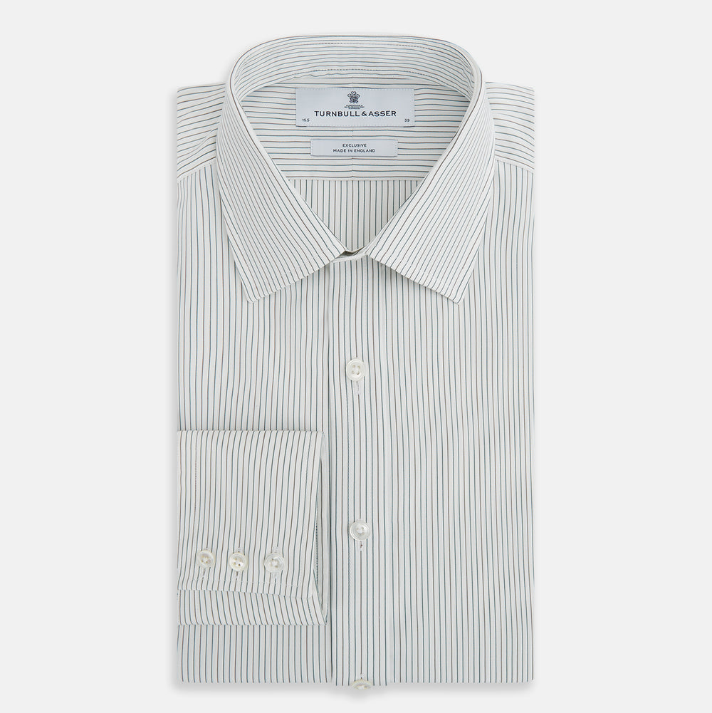 The Turnbull & Asser Green and Brown Ticking Stripe Mayfair Shirt, a long-sleeve, button-up style with a T&A collar, is crafted from premium Italian cotton and laid flat on a white background.