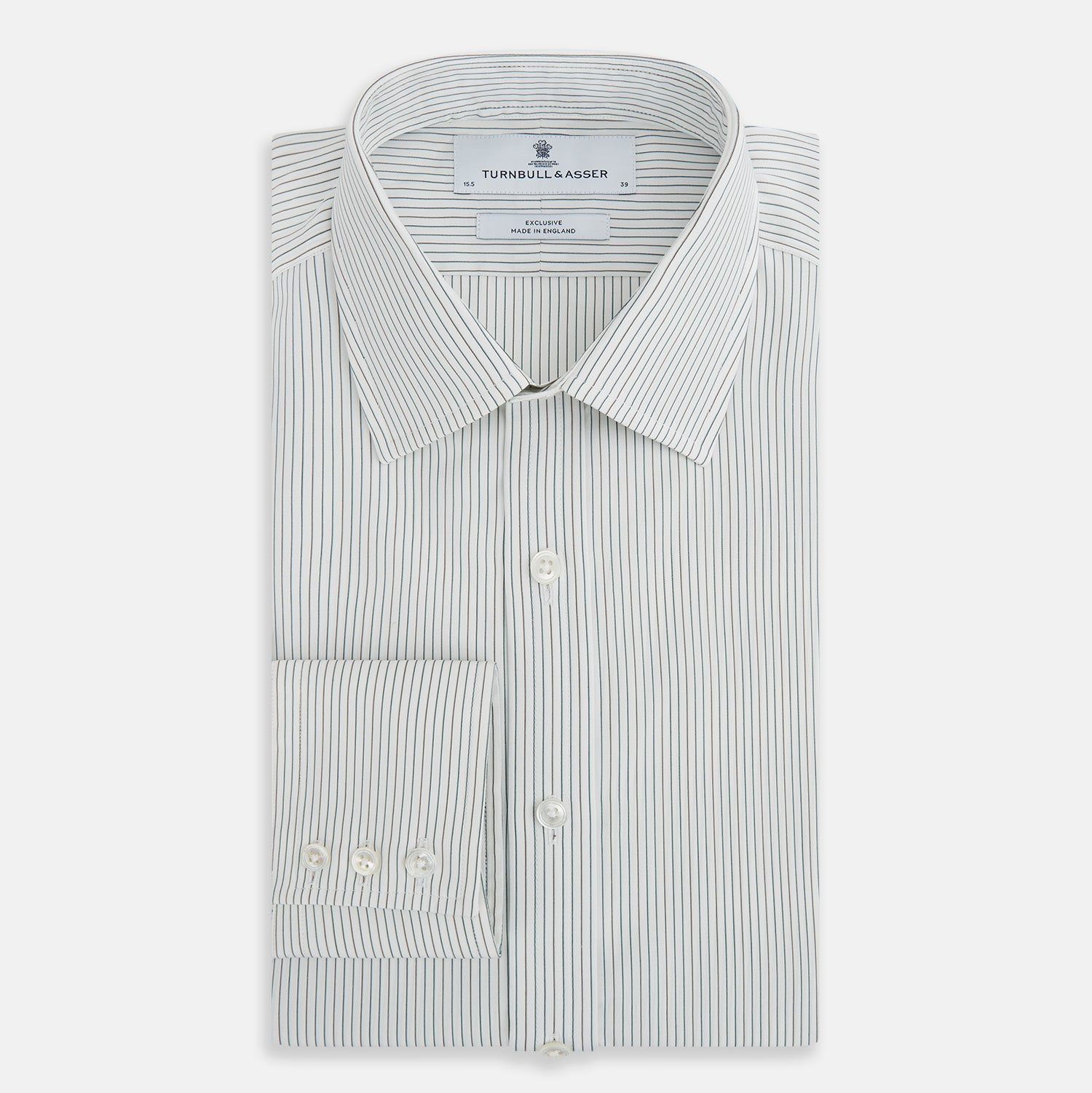 View 5 of product The Turnbull & Asser Green and Brown Ticking Stripe Mayfair Shirt, a long-sleeve, button-up style with a T&A collar, is crafted from premium Italian cotton and laid flat on a white background.