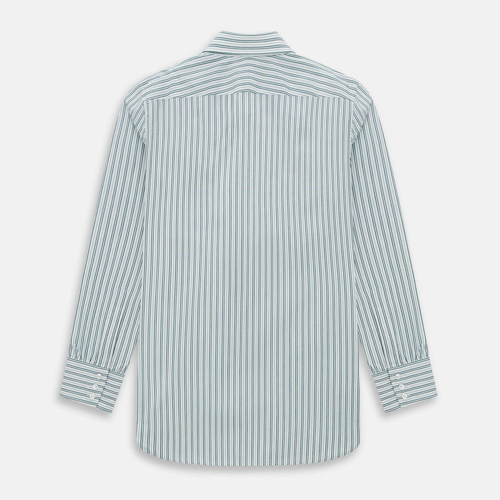 The OLIVE & SAGE GREEN MULTI TRACK STRIPE WESTMINSTER SHIRT by Turnbull & Asser features a classic Turnbull collar and long sleeves, showcasing British craftsmanship with its striped design, presented against a white background.