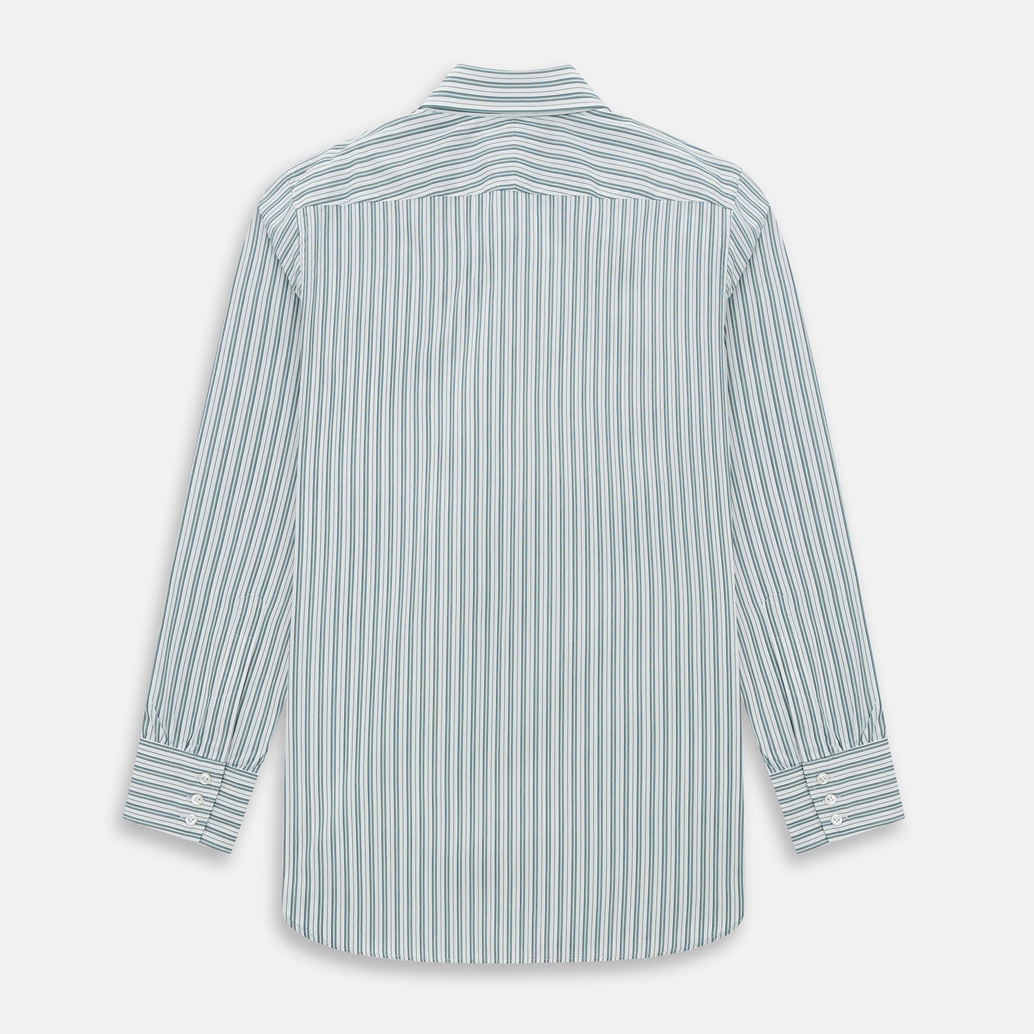 View 3 of product The OLIVE & SAGE GREEN MULTI TRACK STRIPE WESTMINSTER SHIRT by Turnbull & Asser features a classic Turnbull collar and long sleeves, showcasing British craftsmanship with its striped design, presented against a white background.