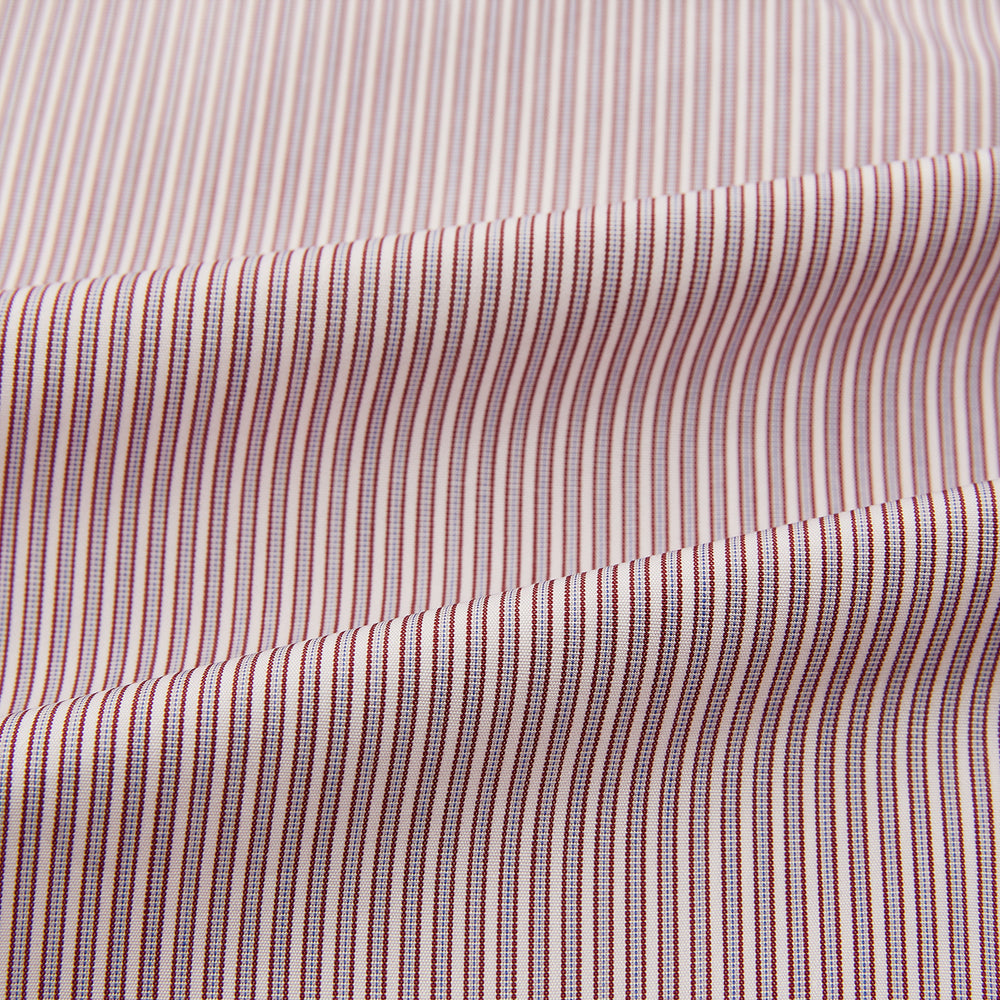 A Red and Pink Ticking Stripe Mayfair Shirt by Turnbull & Asser, featuring a classic T&A collar, buttoned cuffs, and subtle vertical pinstripes, shown on a white background.