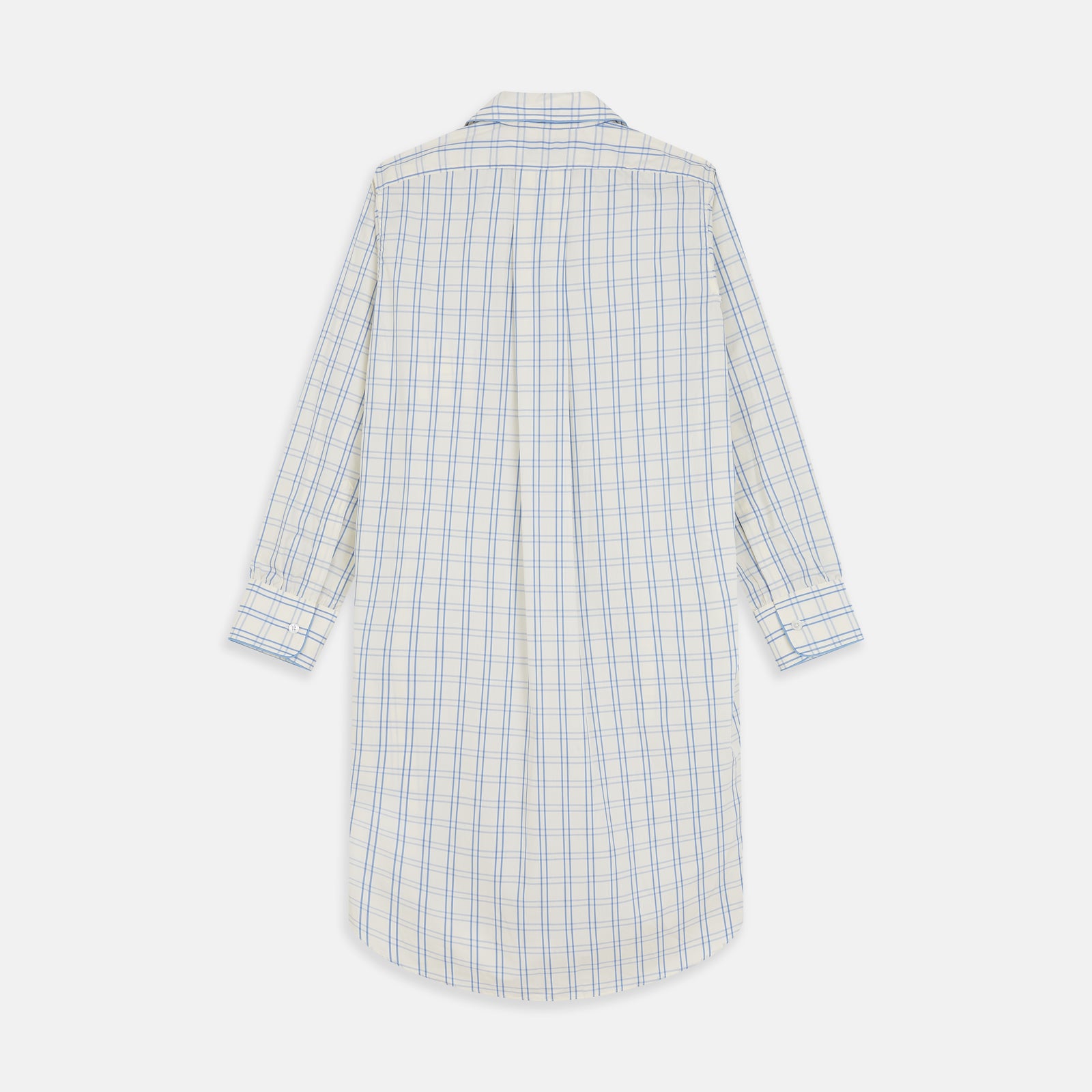 View 5 of product The Turnbull & Asser Cream Multi Cotton Sussex Nightshirt is a knee-length, long-sleeve shirt dress with a blue and beige plaid pattern, collar, front button placket, chest pocket, and rounded hem with side slits.