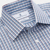View 4 of product The Turnbull & Asser Blue and White Check Cotton Regular Fit Mayfair Shirt features long sleeves, a pointed collar, and buttoned cuffs, shown here on a white background.