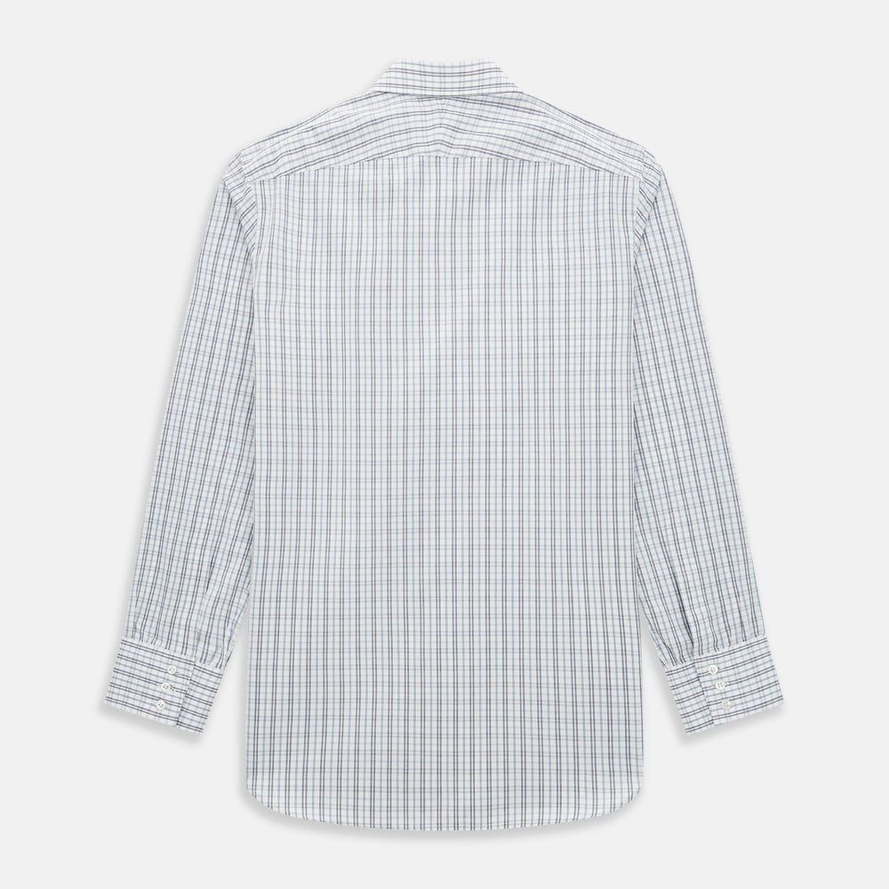 The Turnbull & Asser Navy and Blue Multi Tattersall Westminster Shirt features long sleeves, a button-down style, and a Turnbull collar in a blue and gray check pattern on white, laid flat against a white background.