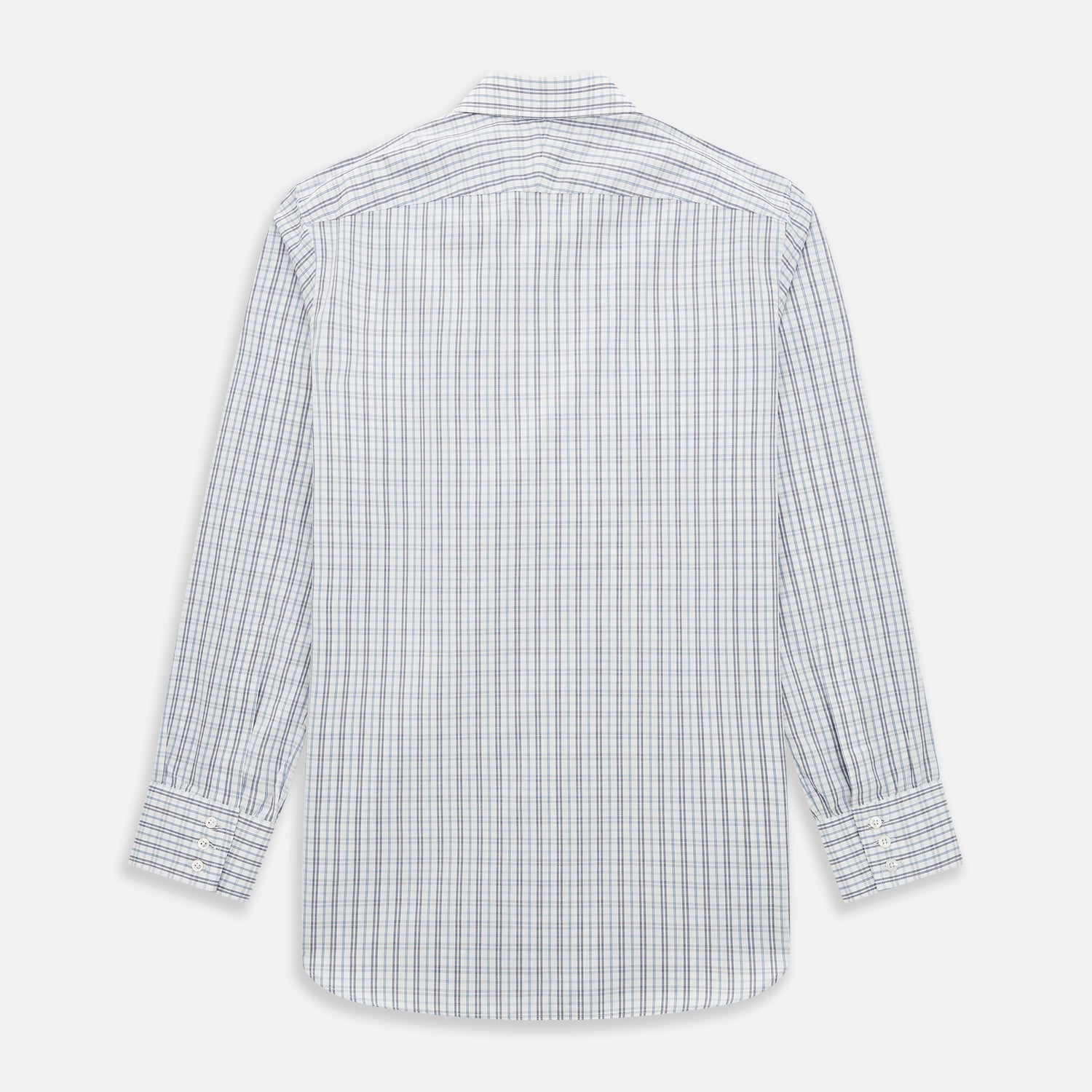 View 3 of product The Turnbull & Asser Navy and Blue Multi Tattersall Westminster Shirt features long sleeves, a button-down style, and a Turnbull collar in a blue and gray check pattern on white, laid flat against a white background.