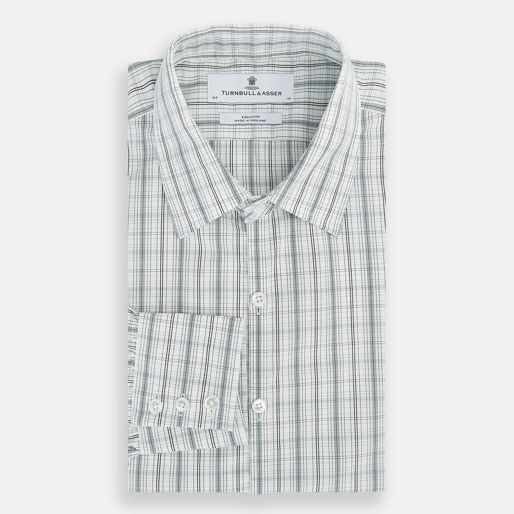 The Turnbull & Asser Forest Green Multi Check Westminster Shirt is a tailored, long-sleeved, button-up shirt with a collar and a white base featuring light blue and green plaid, displayed flat on a white background.