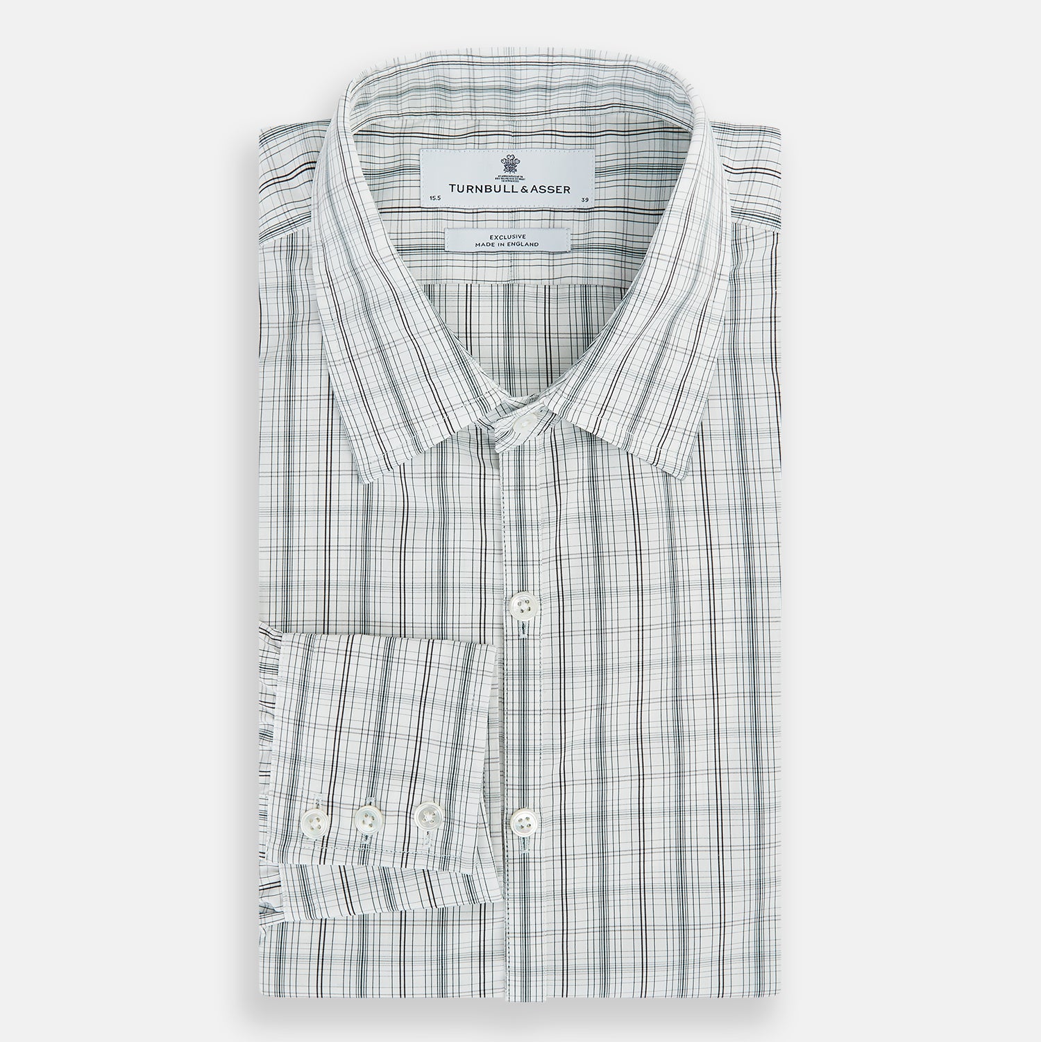 View 5 of product The Turnbull & Asser Forest Green Multi Check Westminster Shirt is a tailored, long-sleeved, button-up shirt with a collar and a white base featuring light blue and green plaid, displayed flat on a white background.
