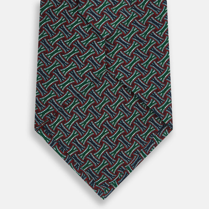 Forest Green and Red Weave-Patterned Printed Silk Tie Image 2
