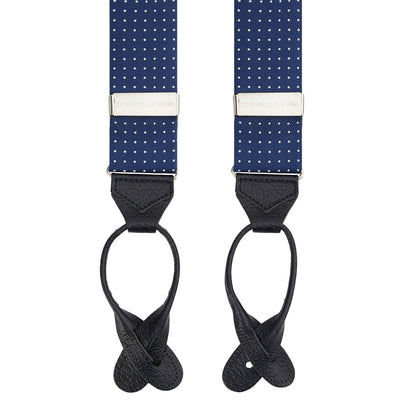 Navy & White Small Spot Adjustable Silk and Navy Leather Braces Image 3