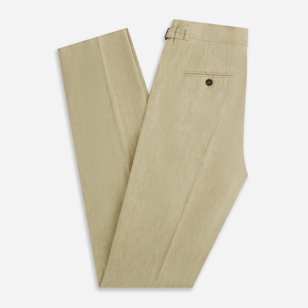 Turnbull & Asser's Taupe Linen Henry Trousers, made from a linen-cotton blend, feature a straight-leg cut, button and zip closure, belt loops, and adjustable waist tabs—shown against a plain white background.
