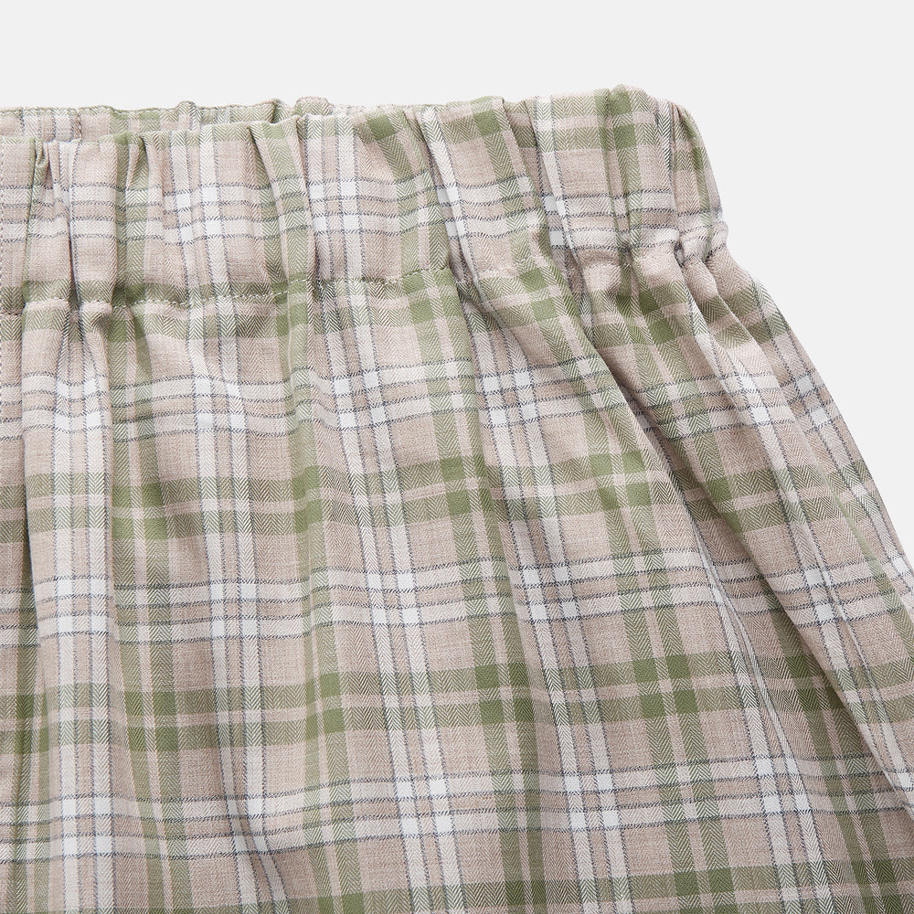 Turnbull & Asser Green Multi Check Cotton Hastings Pyjama Trousers—loose-fit with elasticated drawstring waist, featuring a brown, green, and white plaid pattern. Shown flat on a white background.
