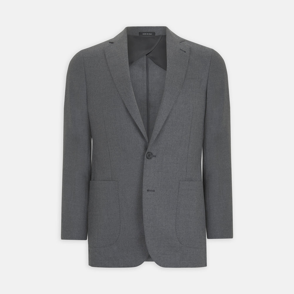 The Turnbull & Asser Grey Merino Wool Jacket is single-breasted with a notched lapel, two front patch pockets, and a single button closure, fashioned from fine Super Merino Wool. Shown here against a plain white background.