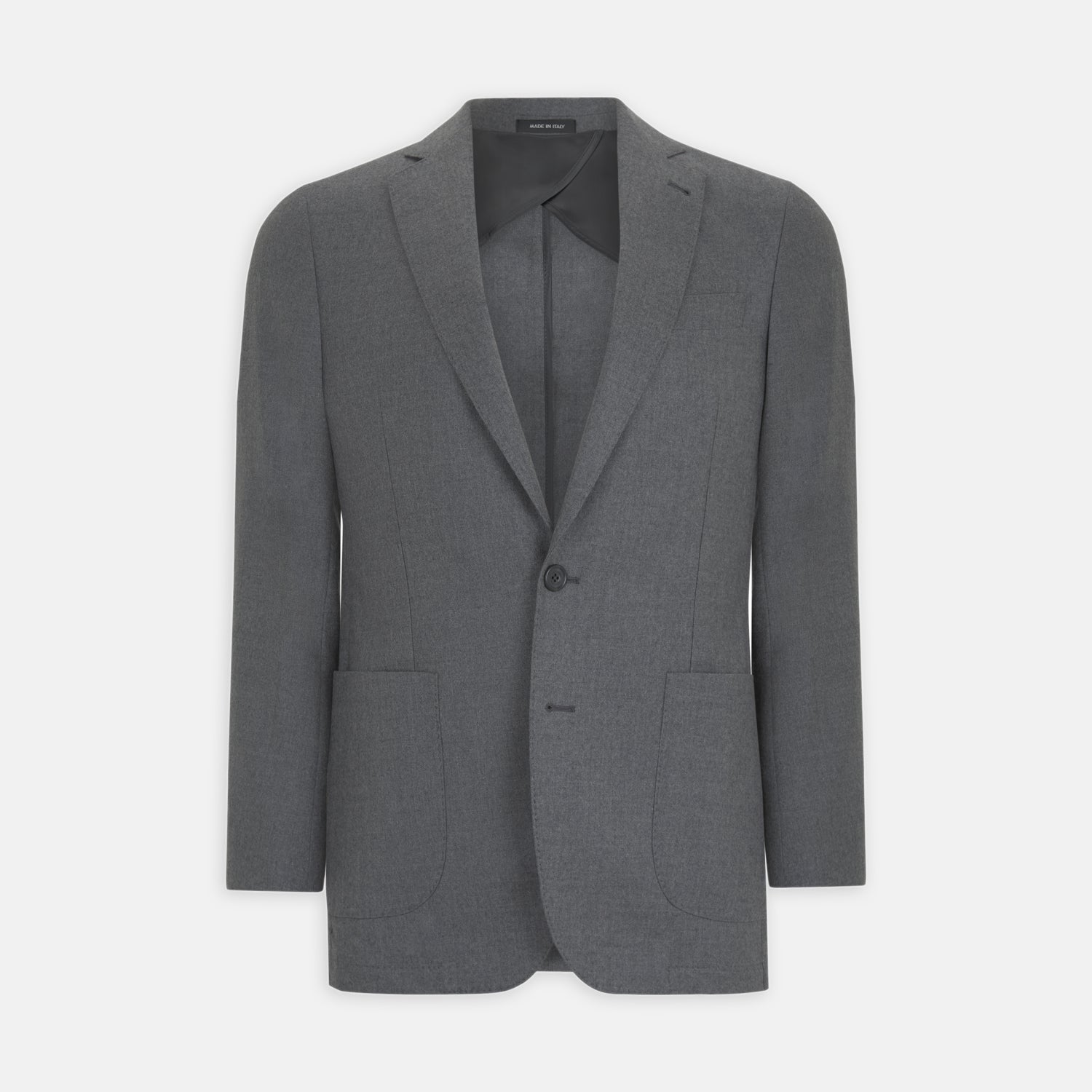 View 1 of product The Turnbull & Asser Grey Merino Wool Jacket is single-breasted with a notched lapel, two front patch pockets, and a single button closure, fashioned from fine Super Merino Wool. Shown here against a plain white background.