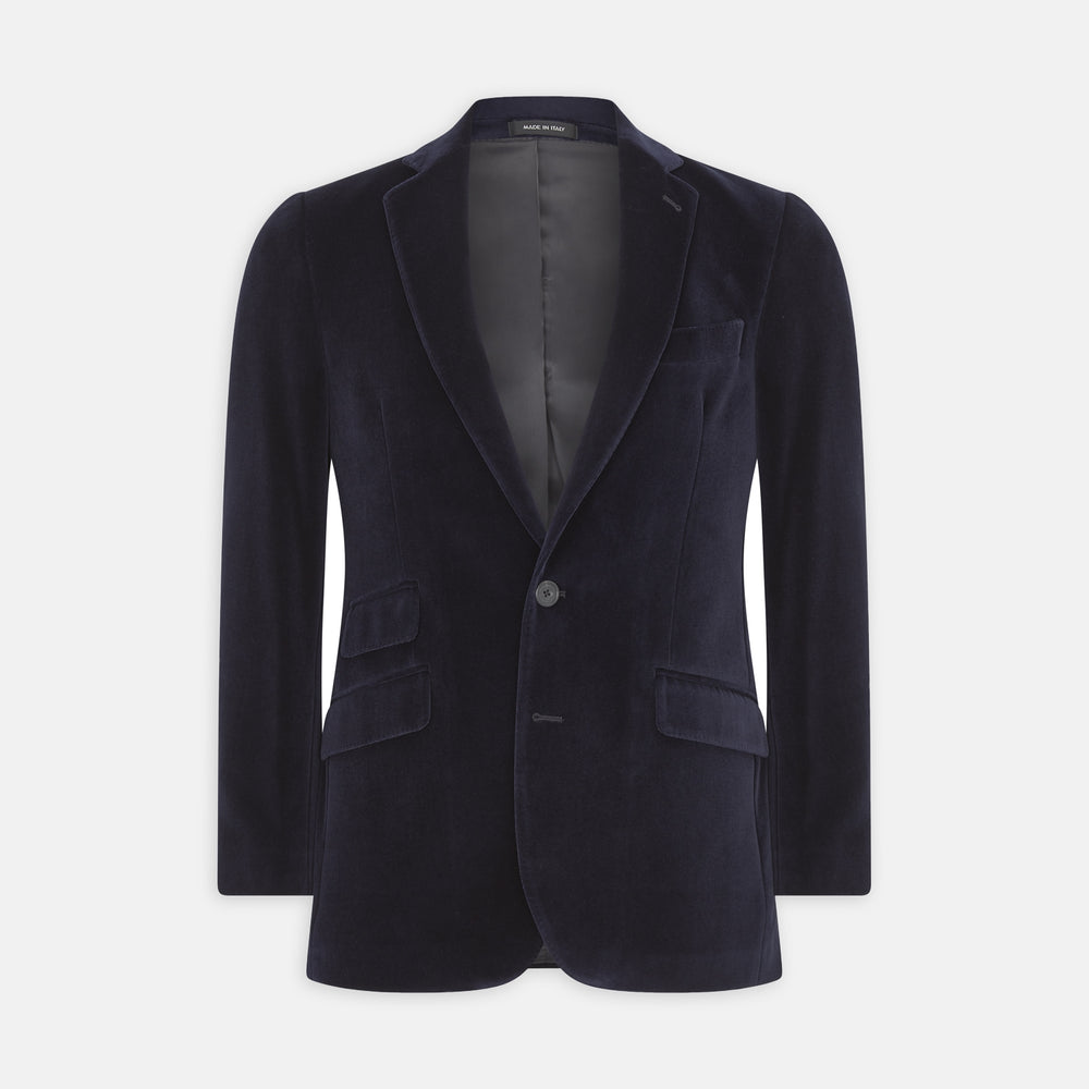 The Turnbull & Asser Navy Velvet Jacket features a classic fit, single-breasted style, notched lapels, two flap pockets, chest pocket, and single button closure. Made in Italy; shown on a plain white background.
