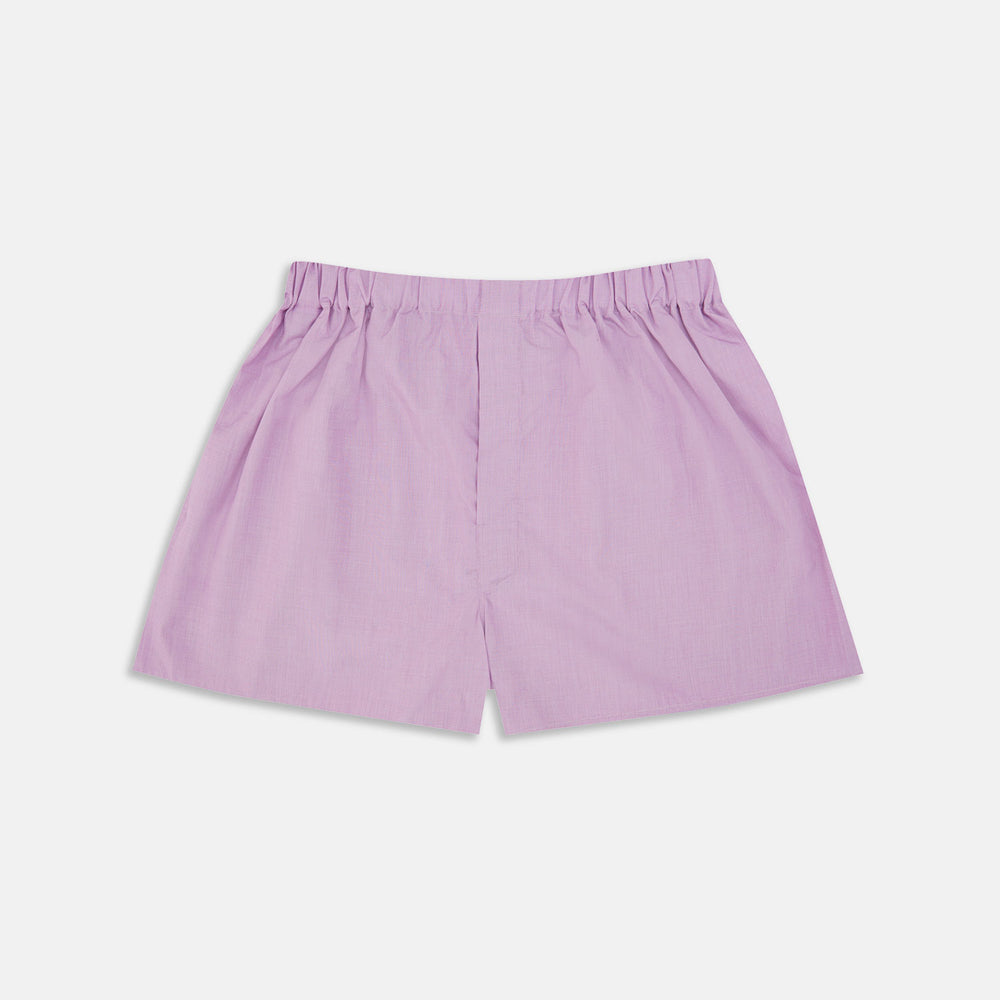 Turnbull & Asser Lilac End-On-End Cotton Boxer Shorts, featuring an elastic waistband and a relaxed, comfortable fit in solid light purple, are displayed against a plain white background. No visible patterns or extra details.