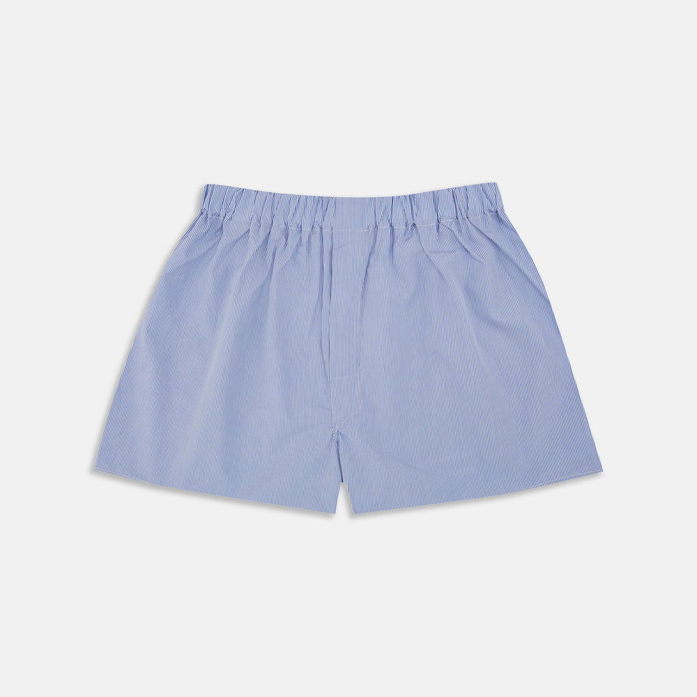 Turnbull & Asser Blue and White Fine Bengal Stripe Sea Island Cotton Boxer Shorts, featuring an elastic waistband and loose fit, displayed flat on a plain white background.