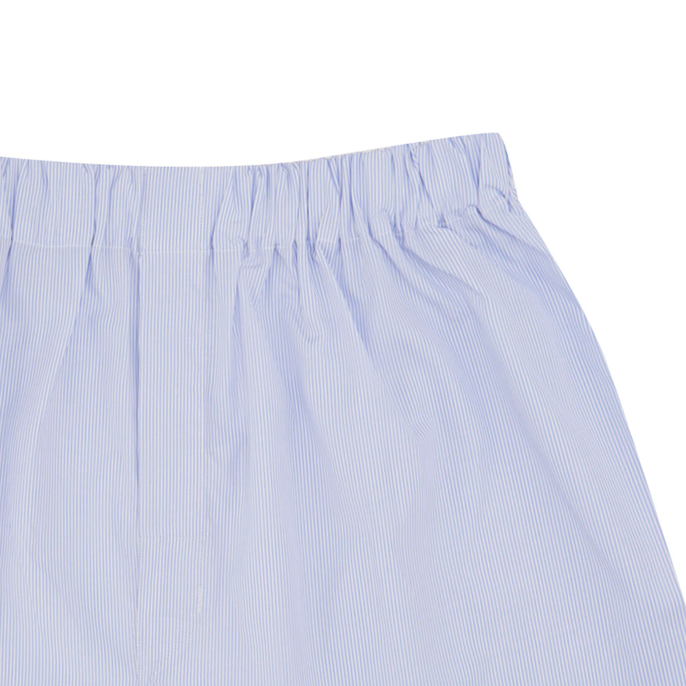Turnbull & Asser Blue and White Fine Bengal Stripe Sea Island Cotton Boxer Shorts, featuring an elastic waistband and loose fit, displayed flat on a plain white background.