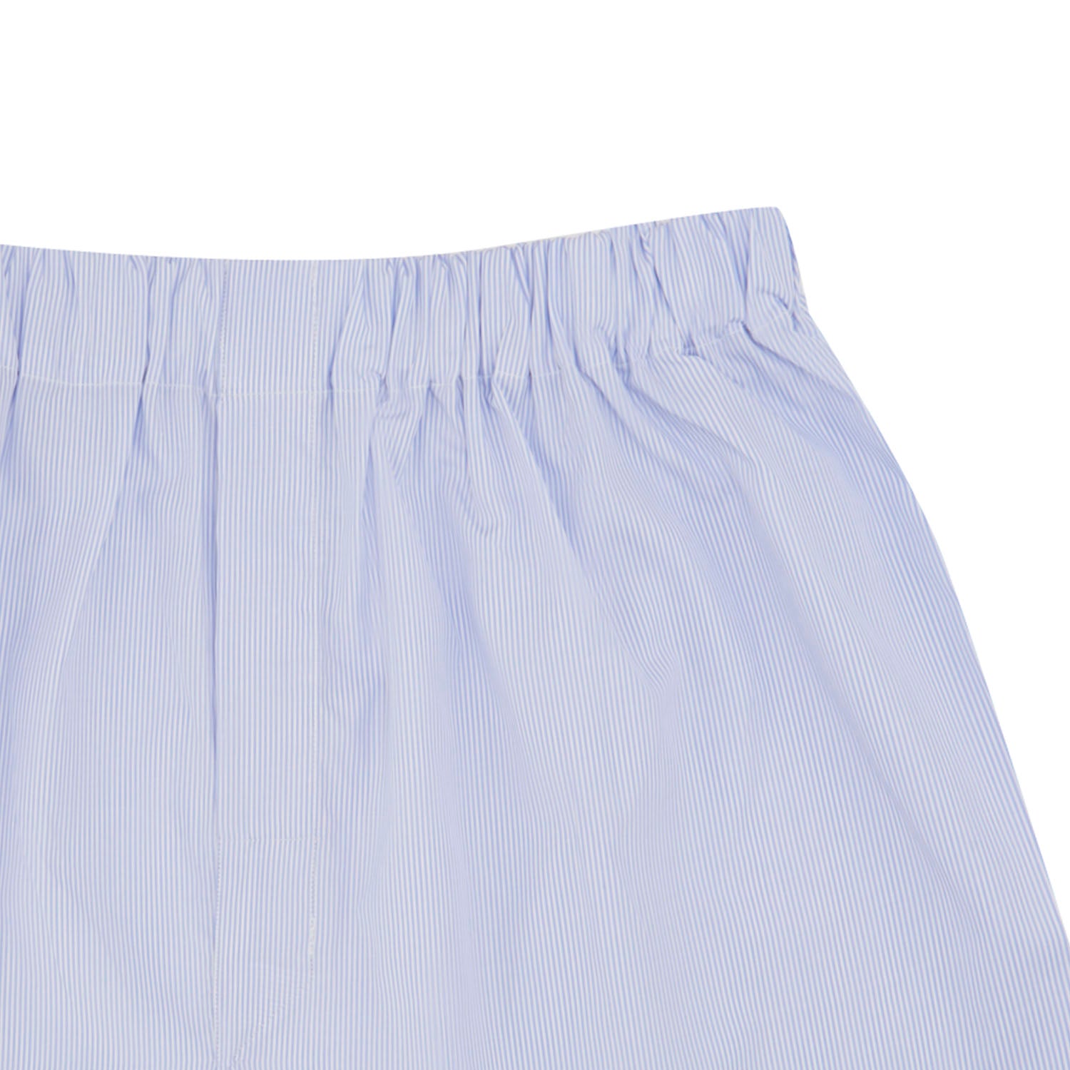 View 2 of product Turnbull & Asser Blue and White Fine Bengal Stripe Sea Island Cotton Boxer Shorts, featuring an elastic waistband and loose fit, displayed flat on a plain white background.
