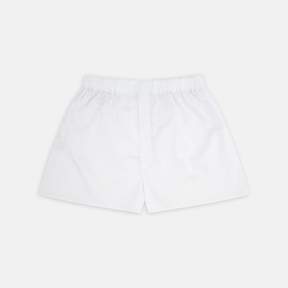 Turnbull & Asser White Herringbone Sea Island Quality Cotton Boxer Shorts feature an elastic waistband and are shown flat on a white background.