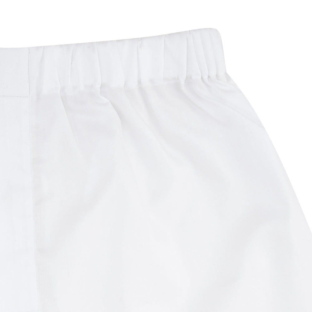 Turnbull & Asser White Herringbone Sea Island Quality Cotton Boxer Shorts feature an elastic waistband and are shown flat on a white background.