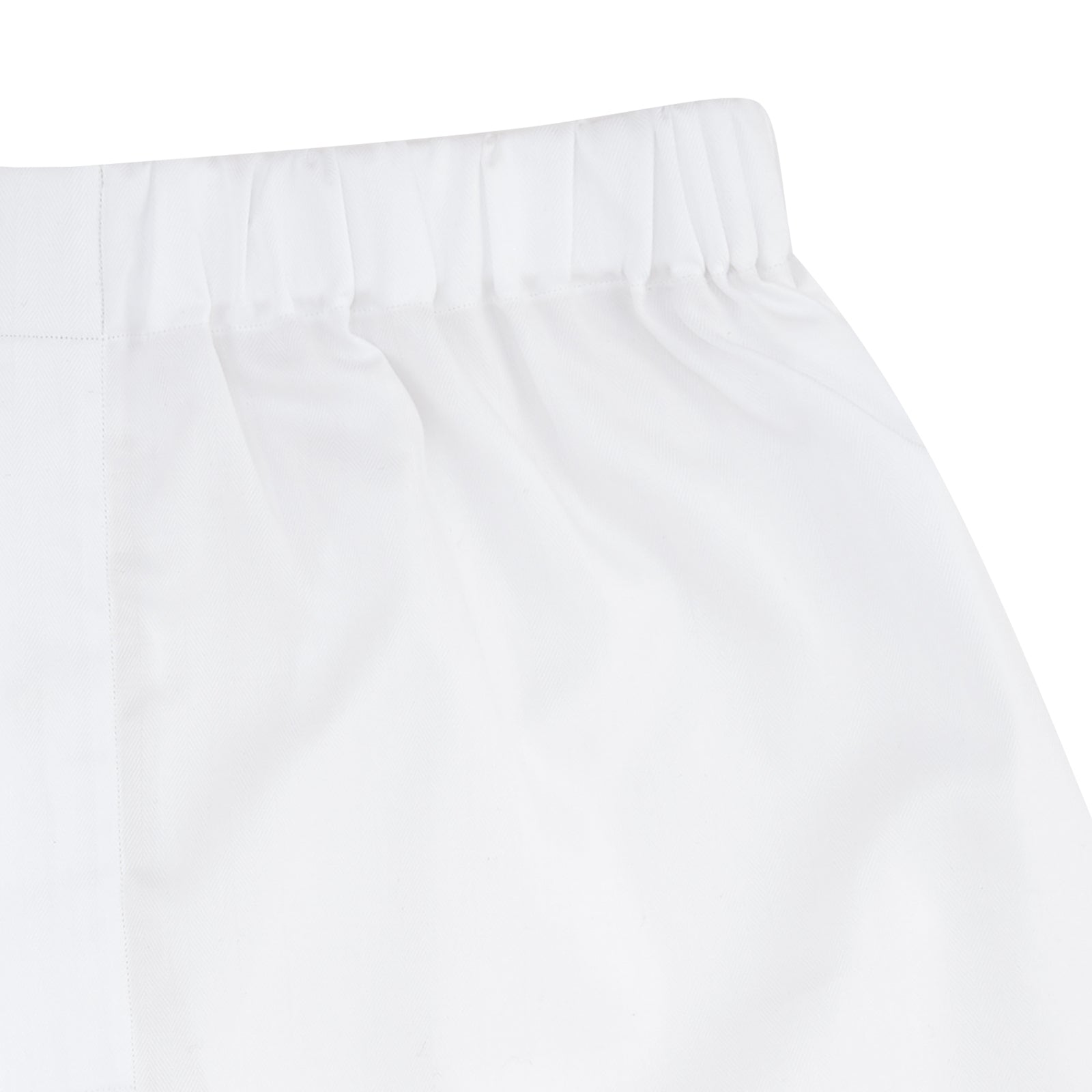 View 2 of product Turnbull & Asser White Herringbone Sea Island Quality Cotton Boxer Shorts feature an elastic waistband and are shown flat on a white background.