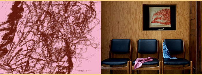 Abstract brown scribbles on a pink background are on the left; on the right, three black chairs sit under a framed abstract artwork on a wood wall, with colorful scarves draped over two chairs.