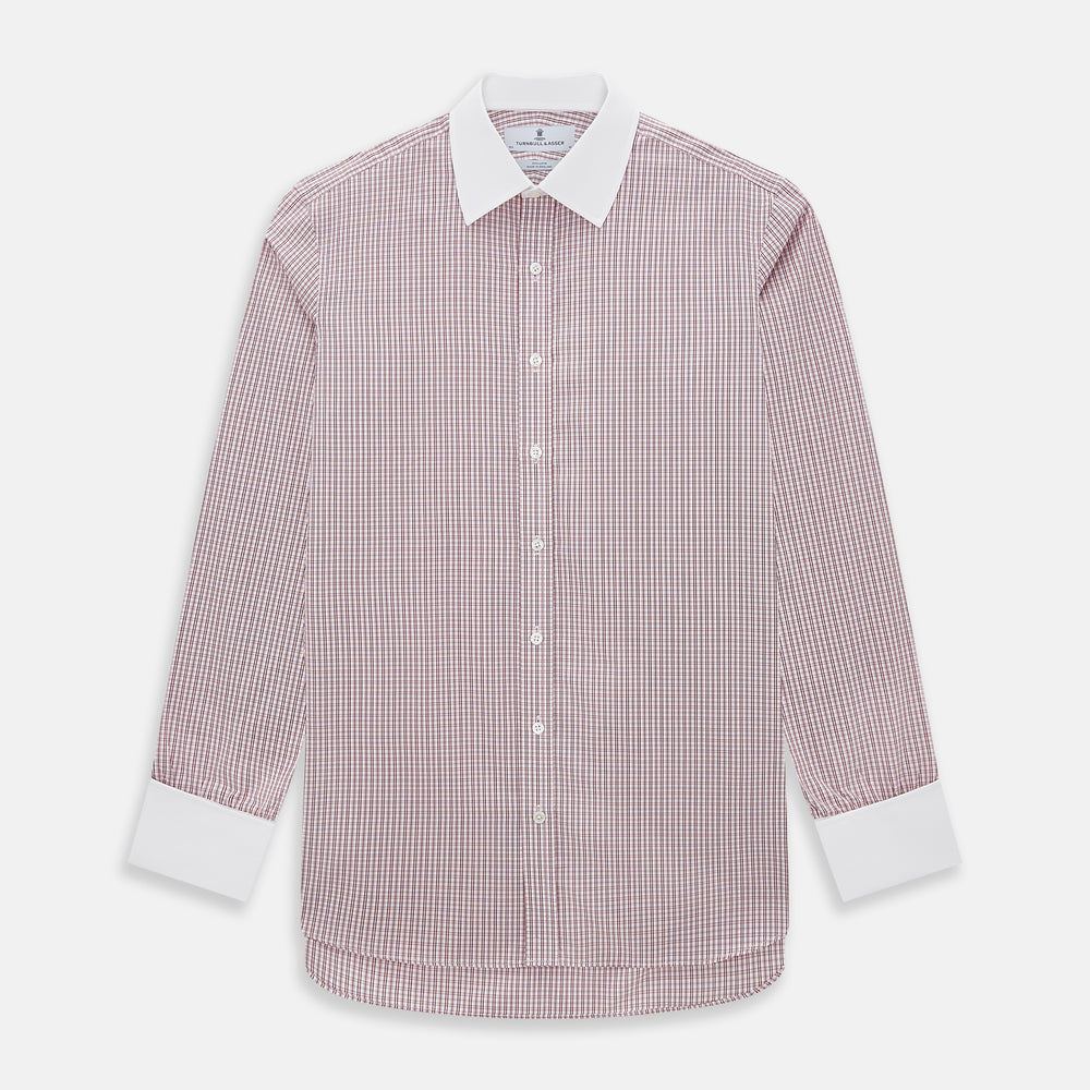 The Turnbull & Asser Red Micro Check Shirt features a crisp white contrast T&A collar and cuffs, crafted in Italian cotton. Timeless style is showcased against a plain white background, inspired by classic Turnbull & Asser designs.