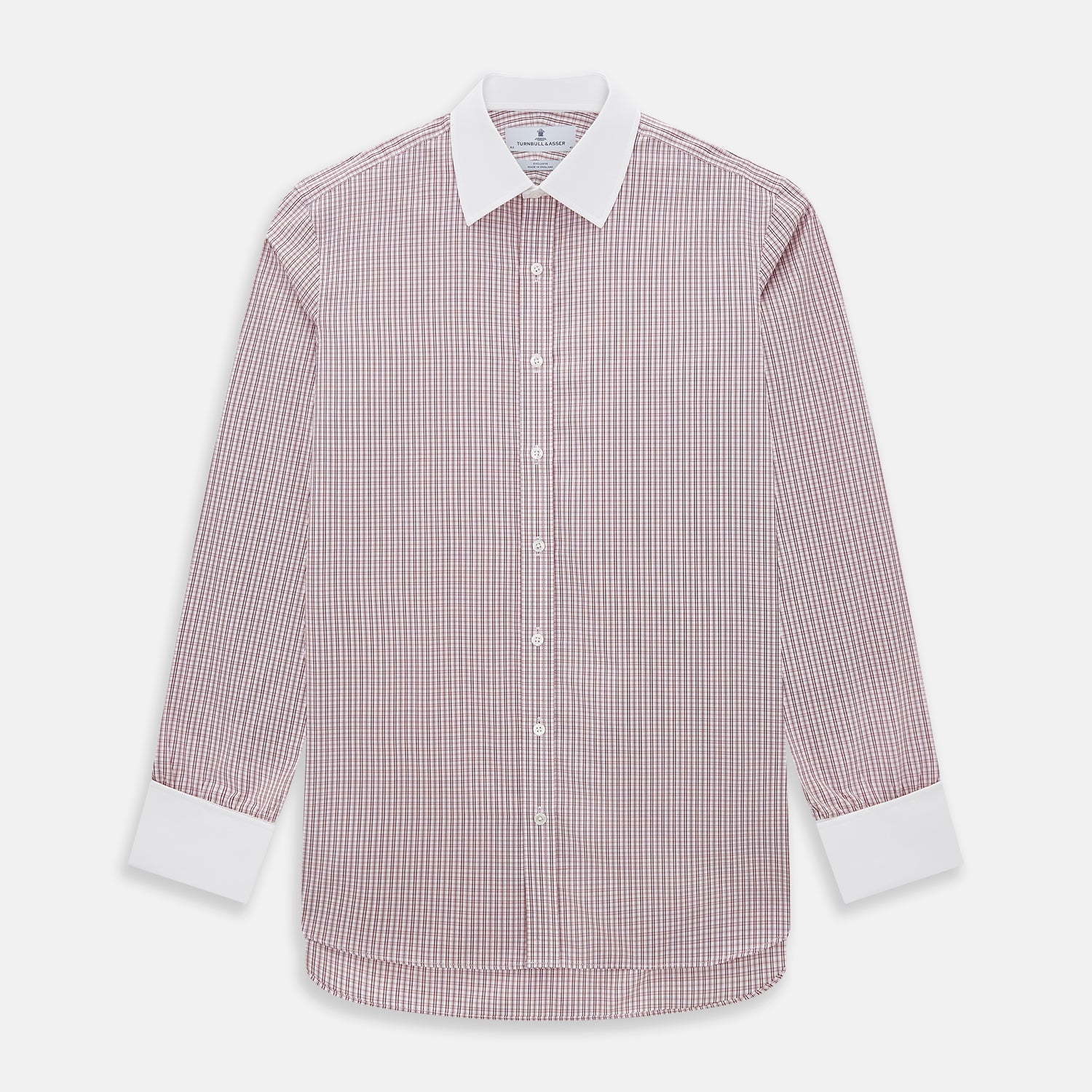 View 1 of product The Turnbull & Asser Red Micro Check Shirt features a crisp white contrast T&A collar and cuffs, crafted in Italian cotton. Timeless style is showcased against a plain white background, inspired by classic Turnbull & Asser designs.