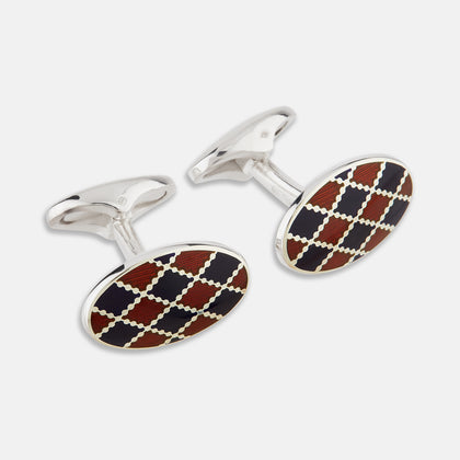 Burgundy and Navy Checkered Oval Enamel Cufflinks