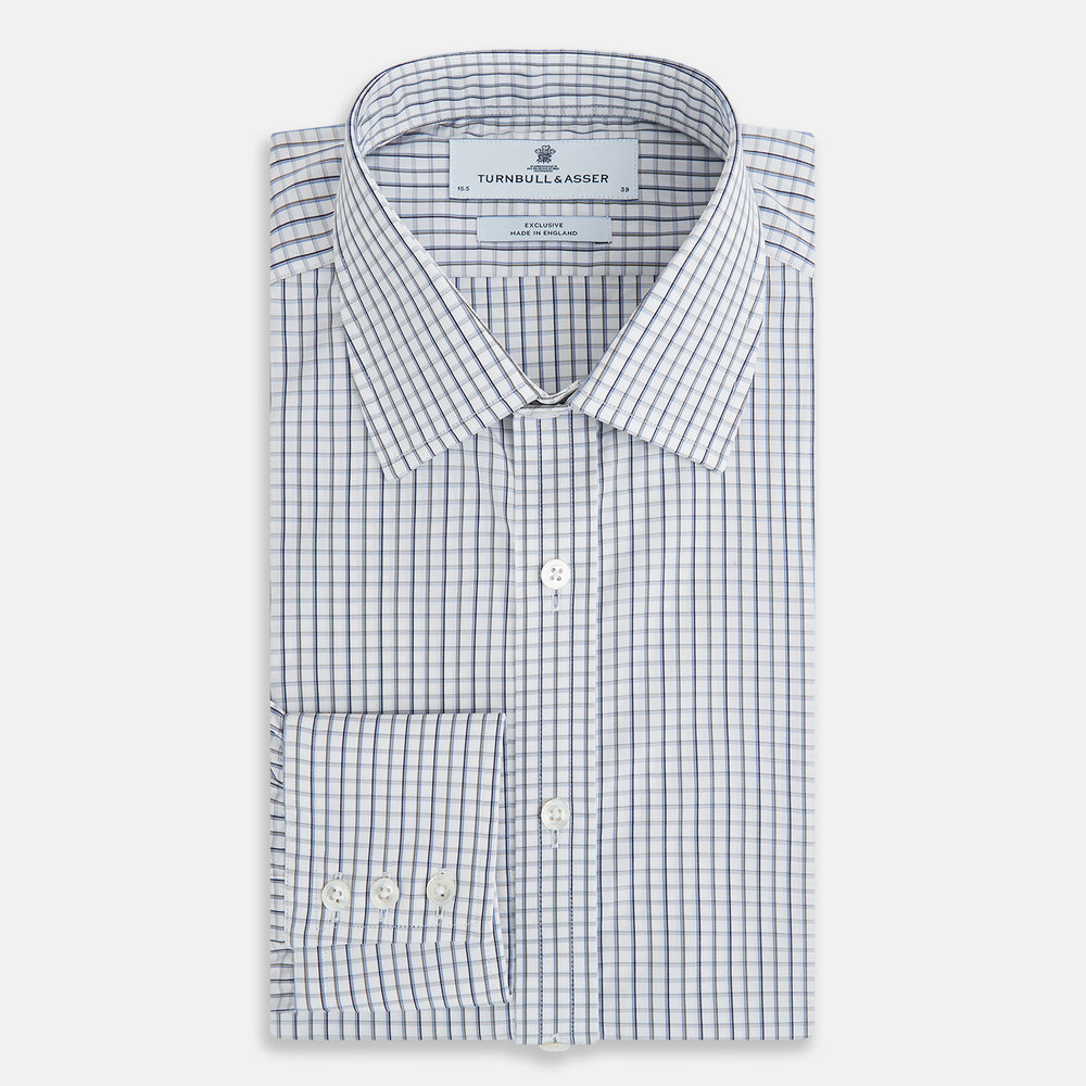 The Turnbull & Asser Blue and Coffee Tattersall Check Mayfair Shirt is a long-sleeved, button-up style made from Italian cotton, featuring a collar and buttoned cuffs, shown laid flat against a white background.
