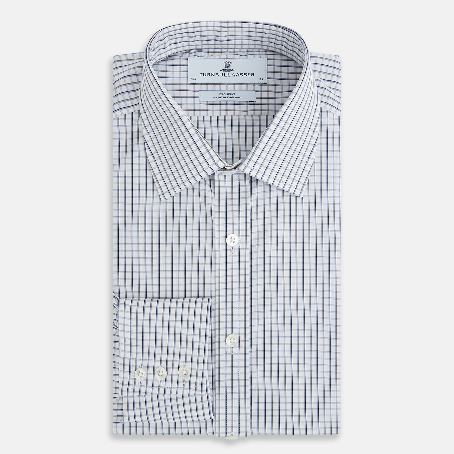 View 5 of product The Turnbull & Asser Blue and Coffee Tattersall Check Mayfair Shirt is a long-sleeved, button-up style made from Italian cotton, featuring a collar and buttoned cuffs, shown laid flat against a white background.