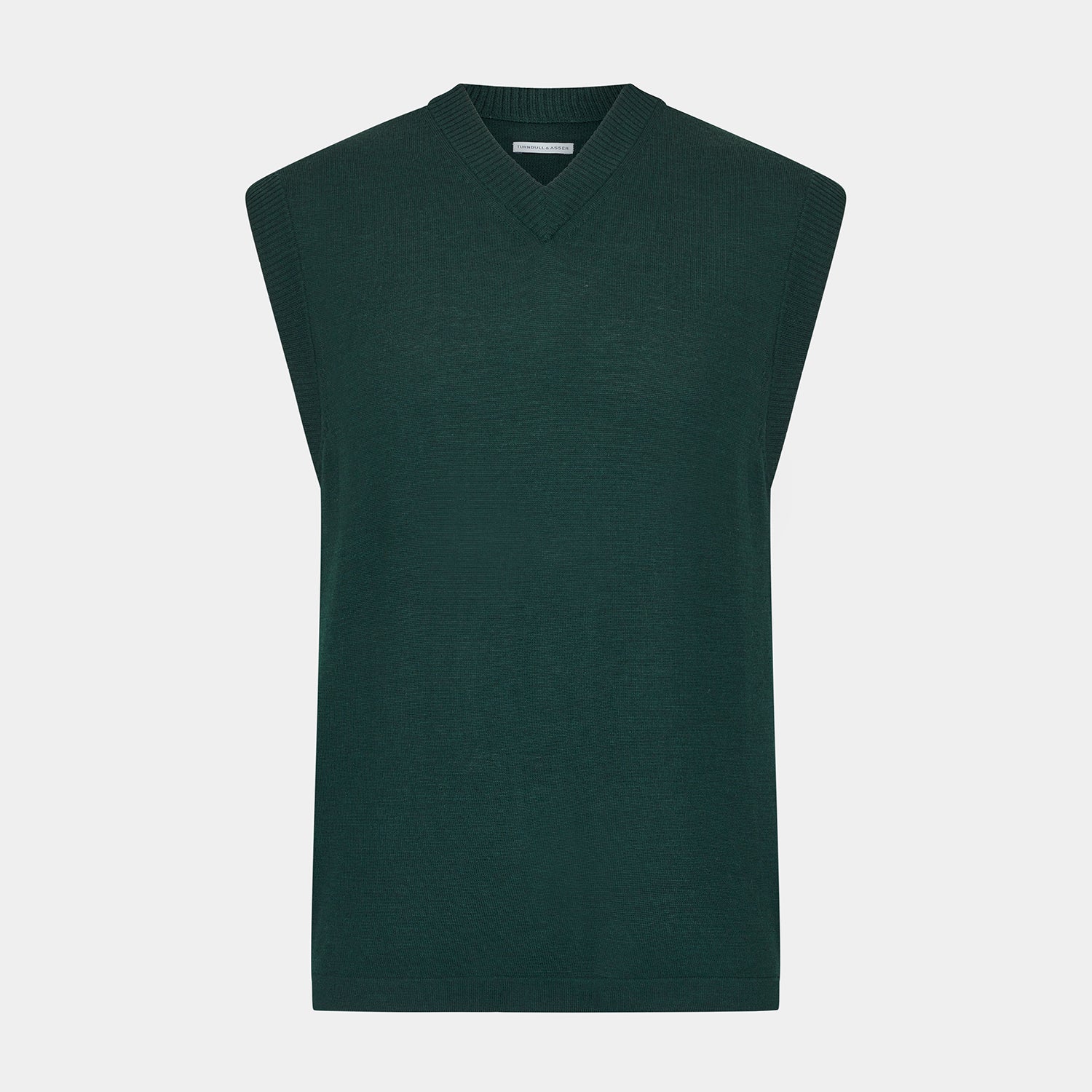 View 1 of product Turnbull & Asser's Petrol Green Fine Merino V-Neck Vest is shown from the front on a white background, highlighting its classic and simple sleeveless design.