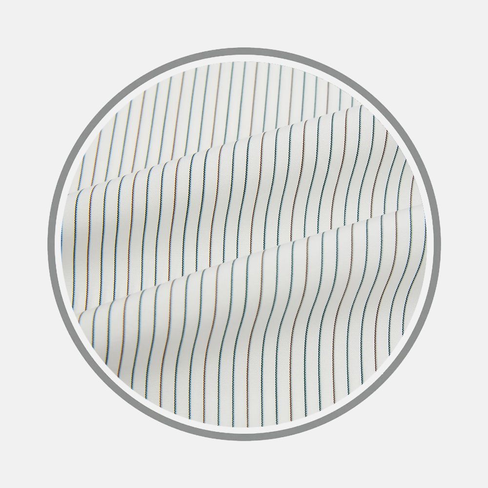 Close-up of Turnbull & Asser's Green/Brown Ticking Stripe Fabric, showing fine, evenly spaced green and brown stripes within a gray circular frame on a light background.