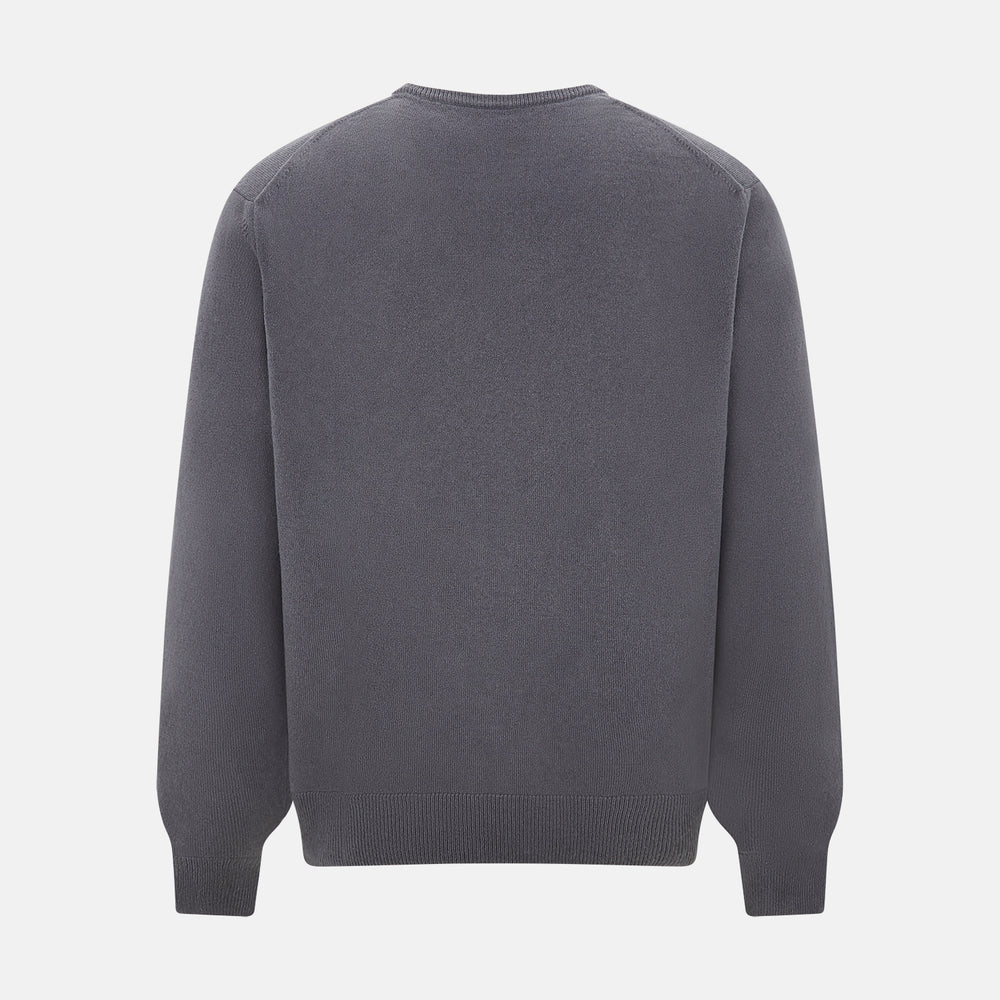 The Grey V-Neck Cashmere Jumper by Turnbull & Asser features long sleeves, ribbed cuffs and hem, in dark gray cashmere, shown against a white background.