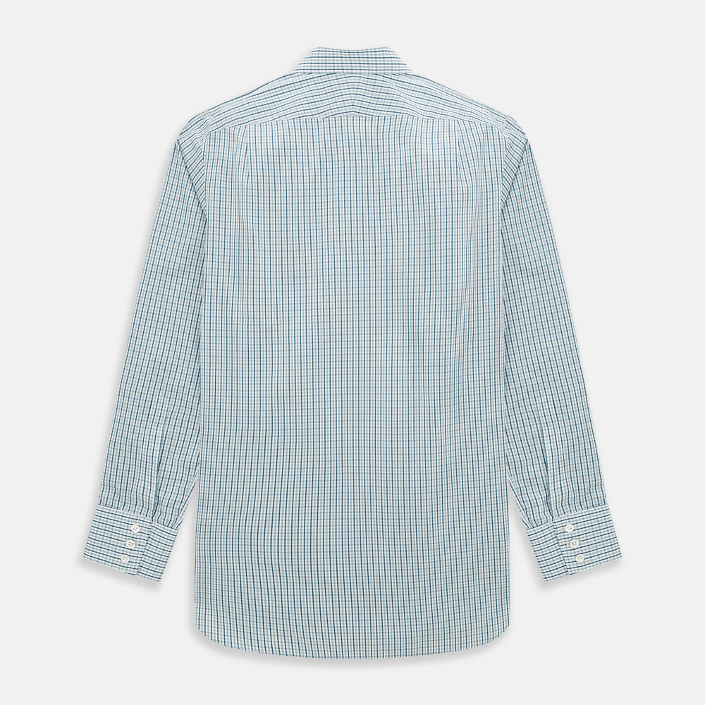 The Turnbull & Asser Light Petrol Micro Tattersall Check Mayfair Shirt features long sleeves, a classic collar, buttoned cuffs, and is crafted from Italian cotton in a refined blue and white check pattern.