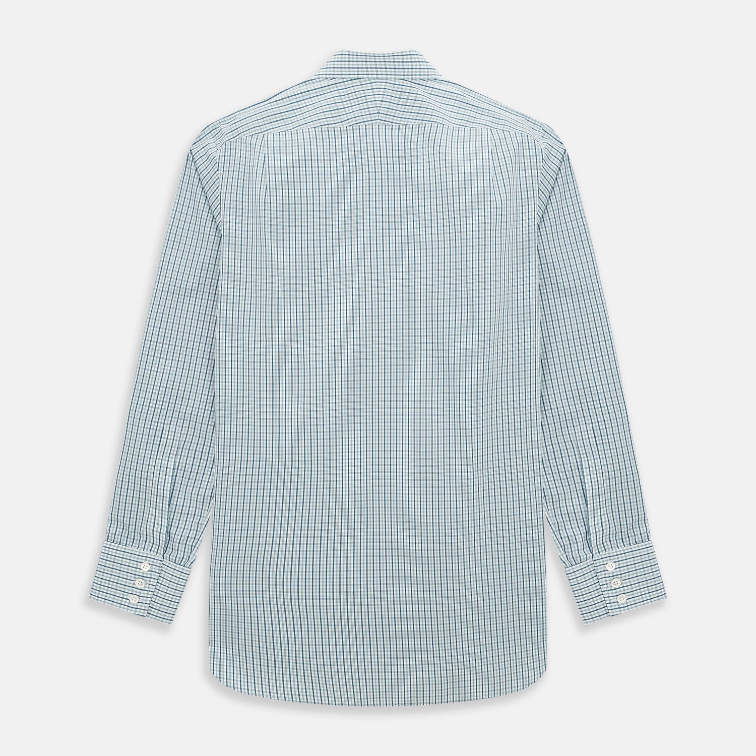 View 3 of product The Turnbull & Asser Light Petrol Micro Tattersall Check Mayfair Shirt features long sleeves, a classic collar, buttoned cuffs, and is crafted from Italian cotton in a refined blue and white check pattern.