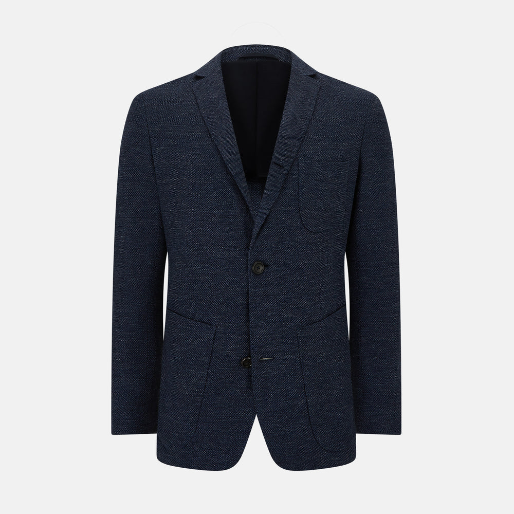 The Turnbull & Asser Navy Linen Blend Cambridge blazer features British tailoring with a notched lapel, two buttons, and three front pockets, shown on a plain white background.