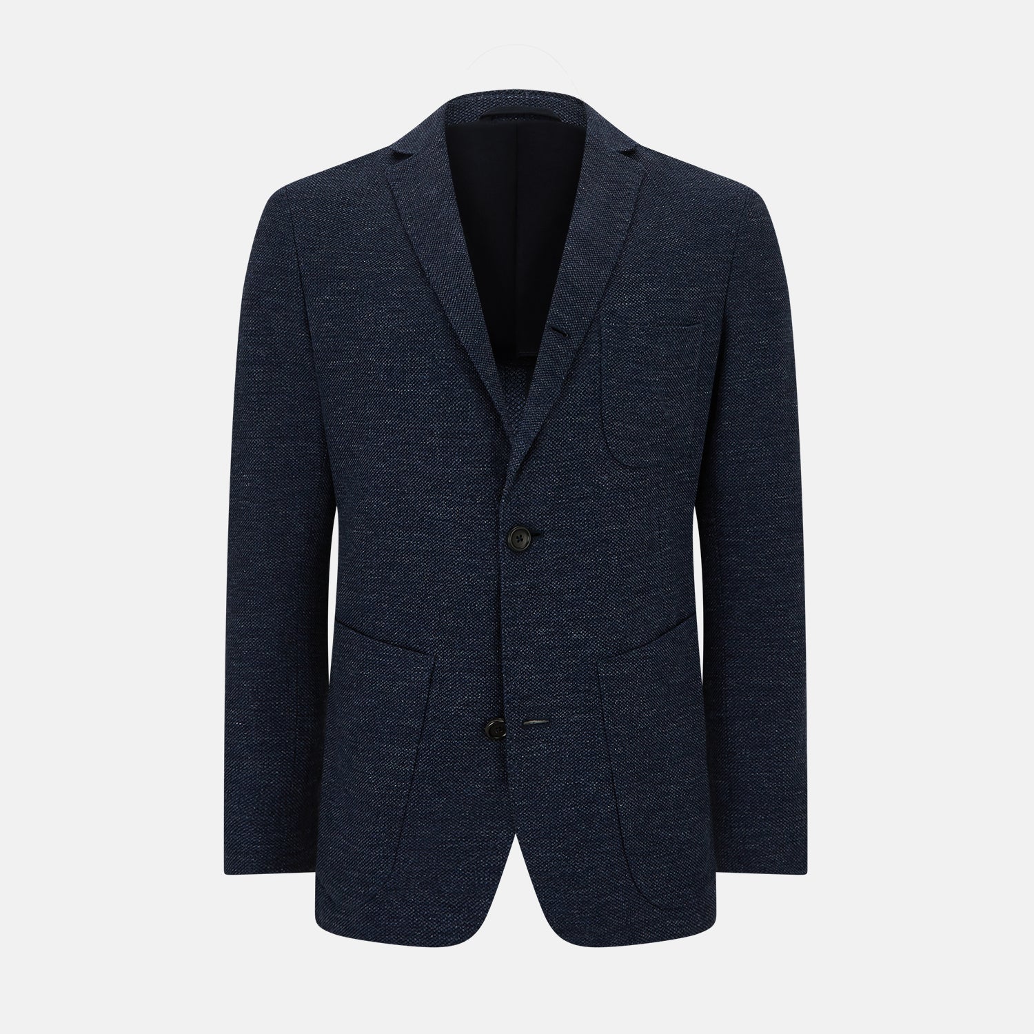 View 1 of product The Turnbull & Asser Navy Linen Blend Cambridge blazer features British tailoring with a notched lapel, two buttons, and three front pockets, shown on a plain white background.