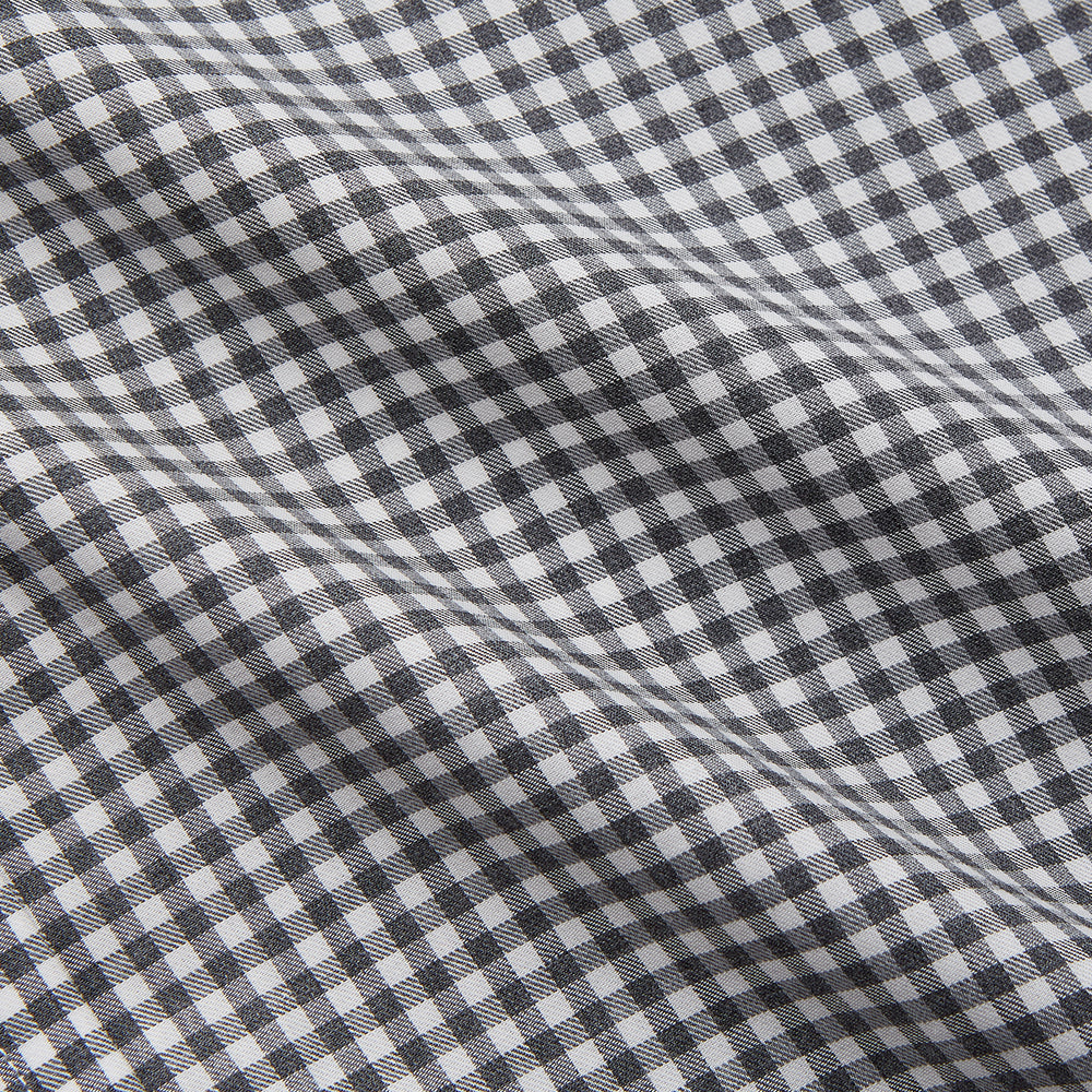 The Turnbull & Asser Grey Gingham Check Cotton Melange Regular Fit Mayfair Shirt, shown flat against a white background, offers a classic designer look with its small black and white check pattern and button-down design.
