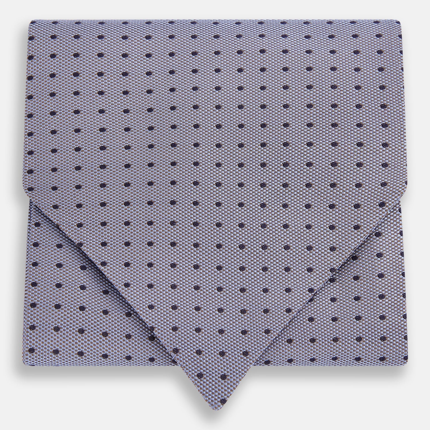 View 1 of product A light gray pocket square with small black polka dots pairs perfectly with the Turnbull & Asser Navy and Light Blue Micro Dot Silk Cravat for a refined, polished formal look.