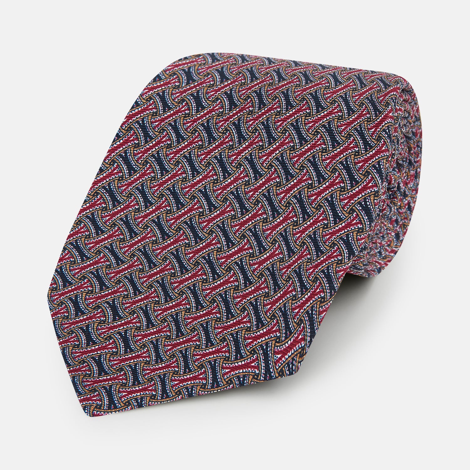 View 1 of product The Turnbull & Asser Burgundy and Navy Weave Patterned Silk Tie features a geometric design in rich tones on silk fabric.