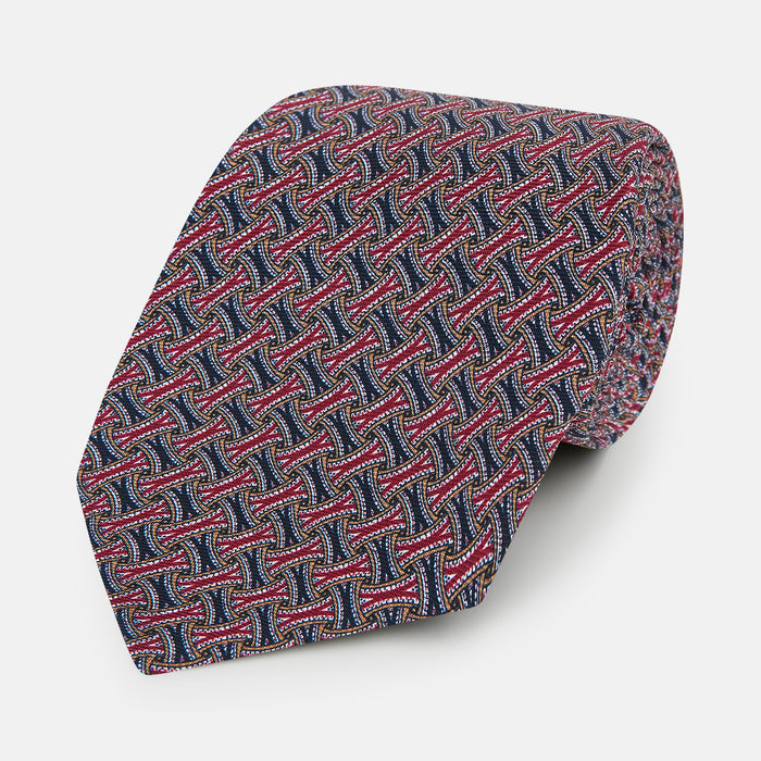 Burgundy and Navy Weave-Patterned Printed Silk Tie