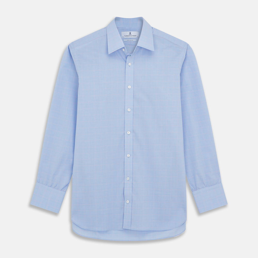 A Turnbull & Asser Blue and Pink Prince of Wales Check Mayfair Shirt with long sleeves, classic collar, buttoned front and cuffs, is neatly laid flat on a white background.
